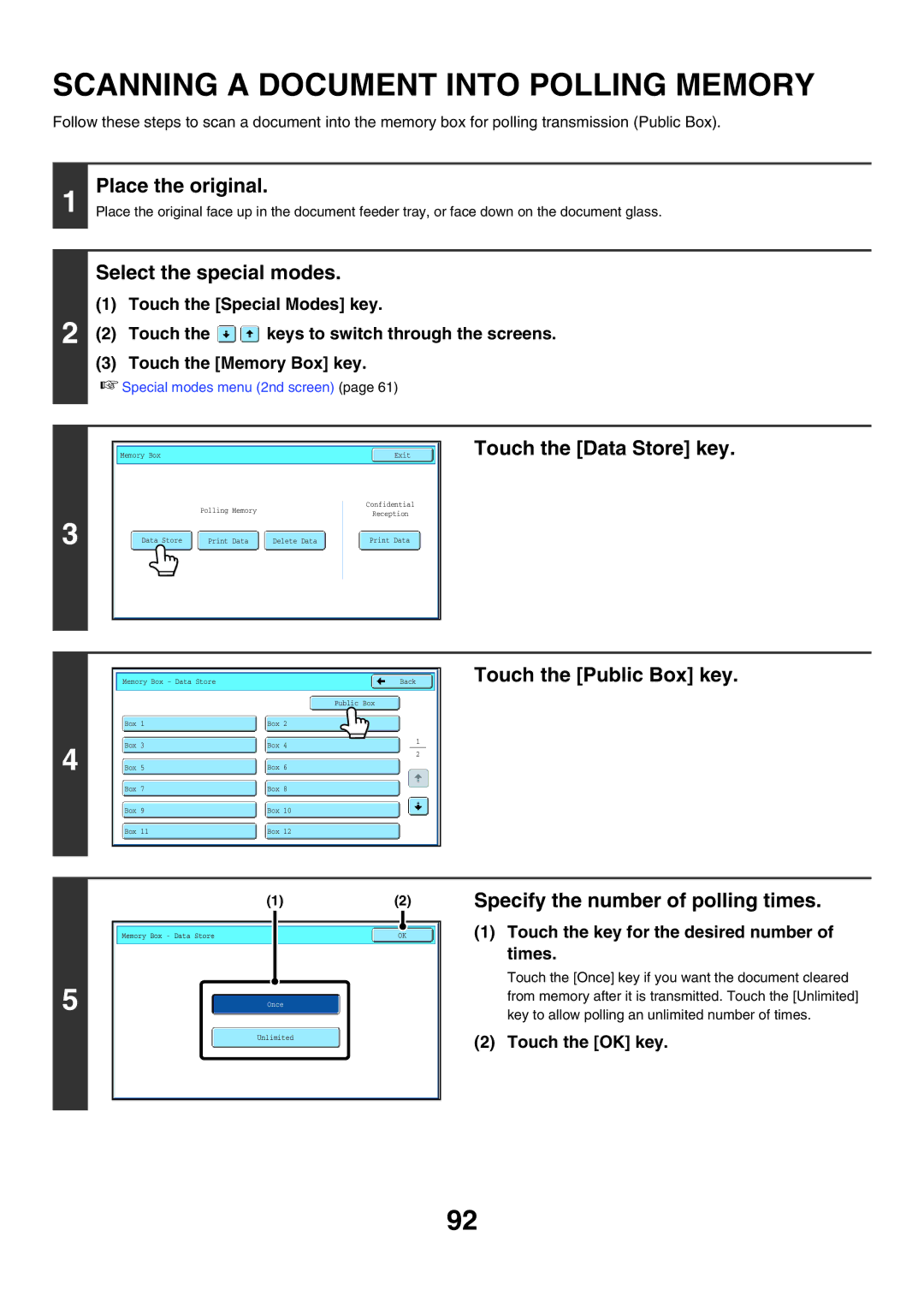 Sharp MX-FXX1 manual Scanning a Document Into Polling Memory, Touch the Data Store key, Touch the Public Box key 