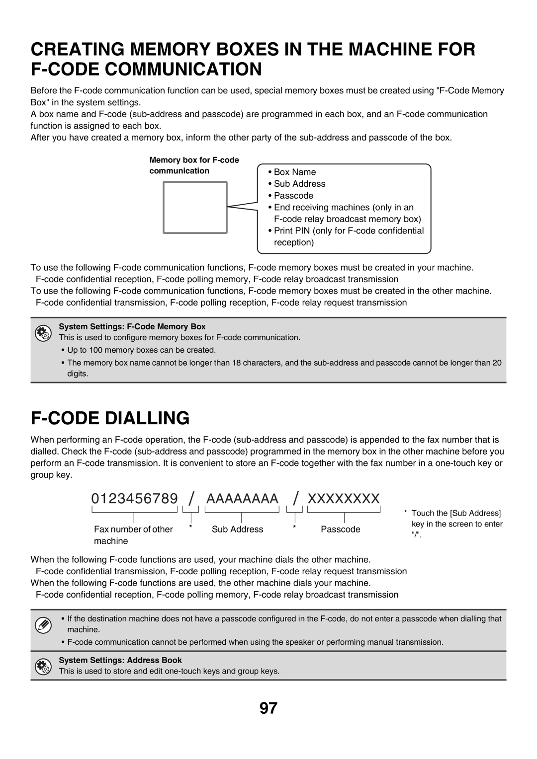 Sharp MX-FXX1 manual Code Dialling, Memory box for F-code communication, System Settings F-Code Memory Box 