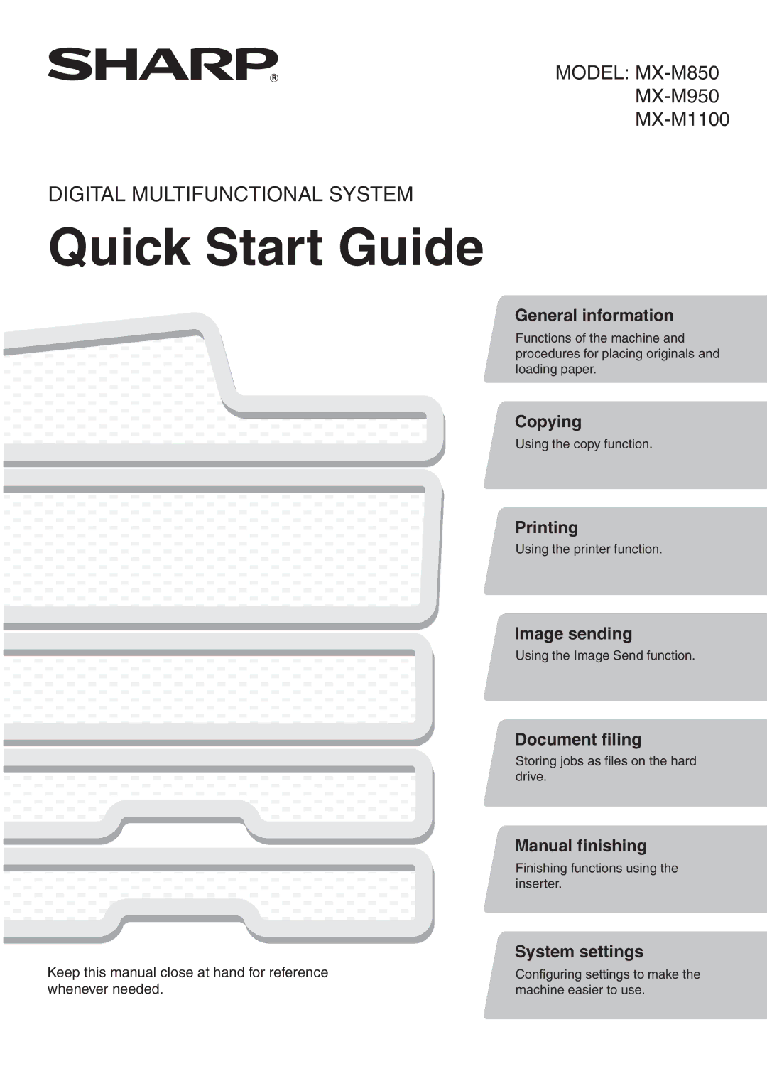 Sharp MX-850, MX-M1100, MX-M950 quick start Quick Start Guide 