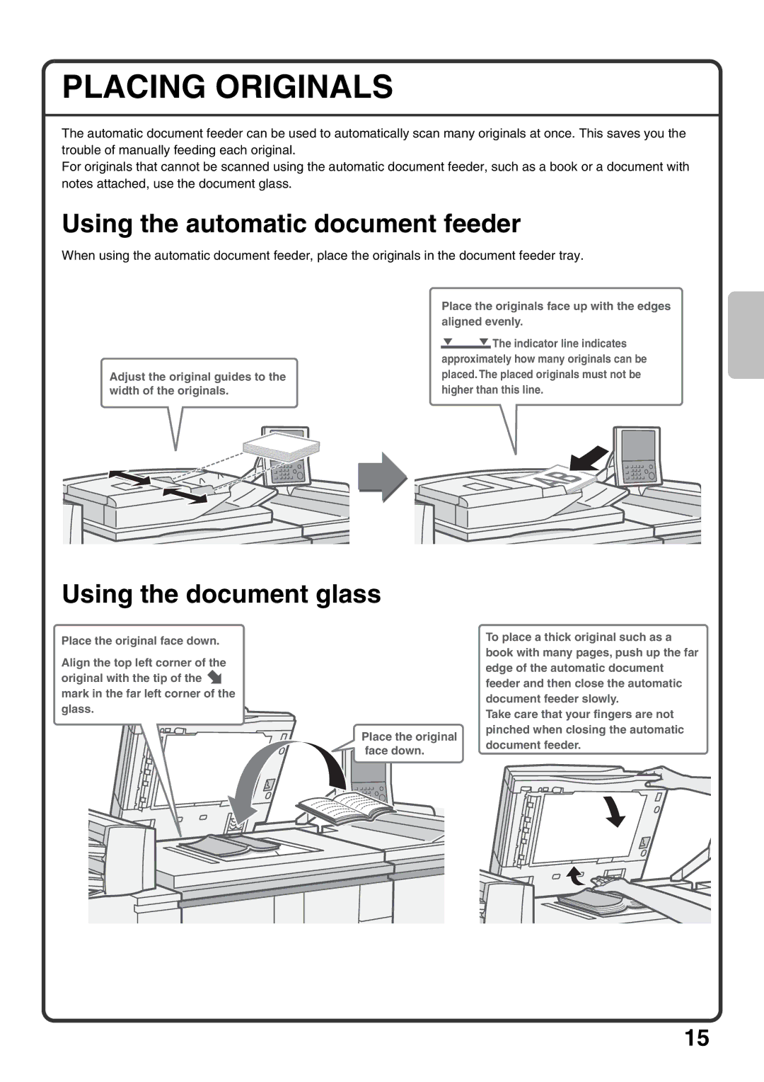 Sharp MX-M950, MX-M1100, MX-M850 quick start Placing Originals, Using the automatic document feeder, Using the document glass 