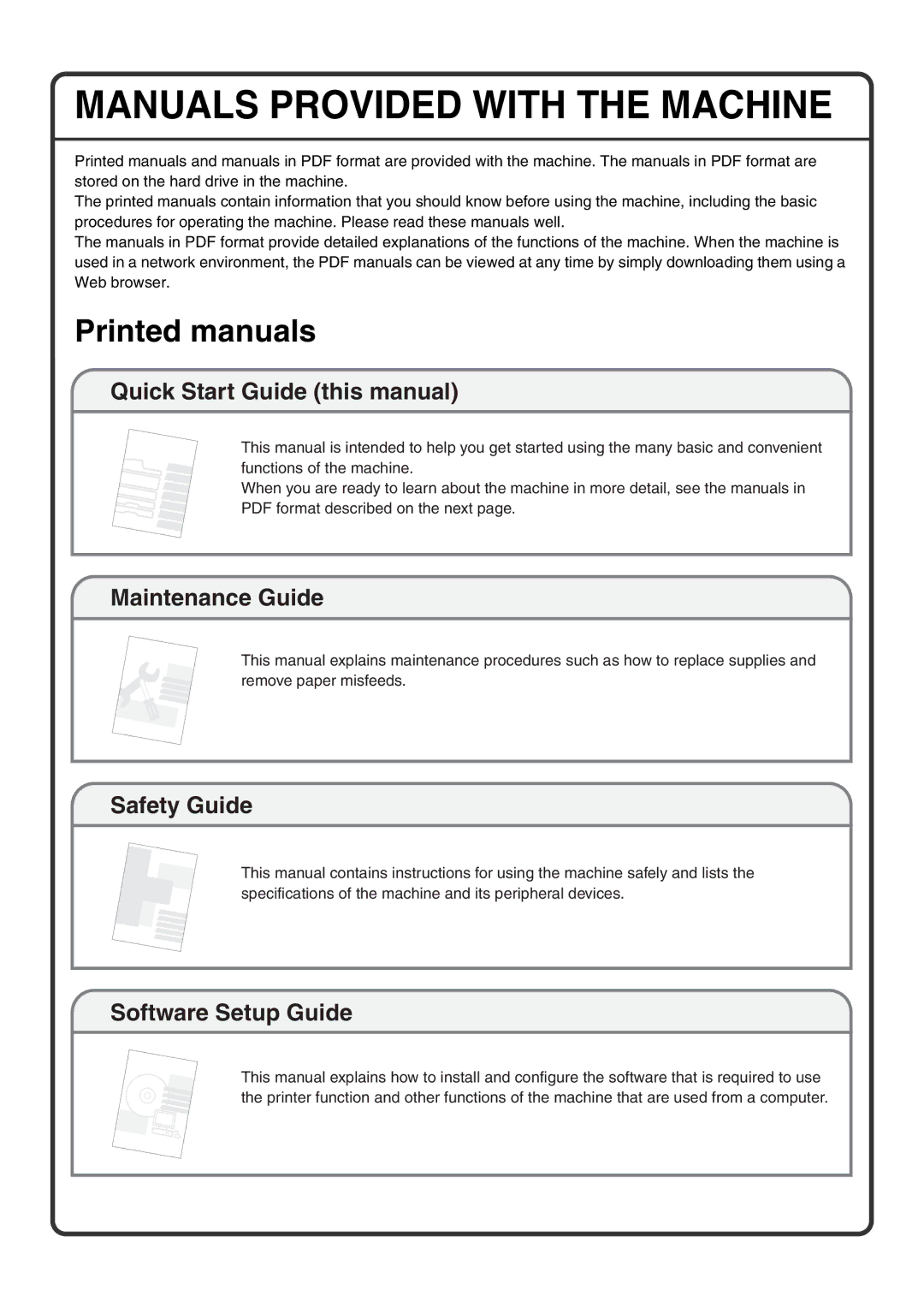 Sharp MX-M950, MX-M1100, MX-M850 quick start Manuals Provided with the Machine, Printed manuals 