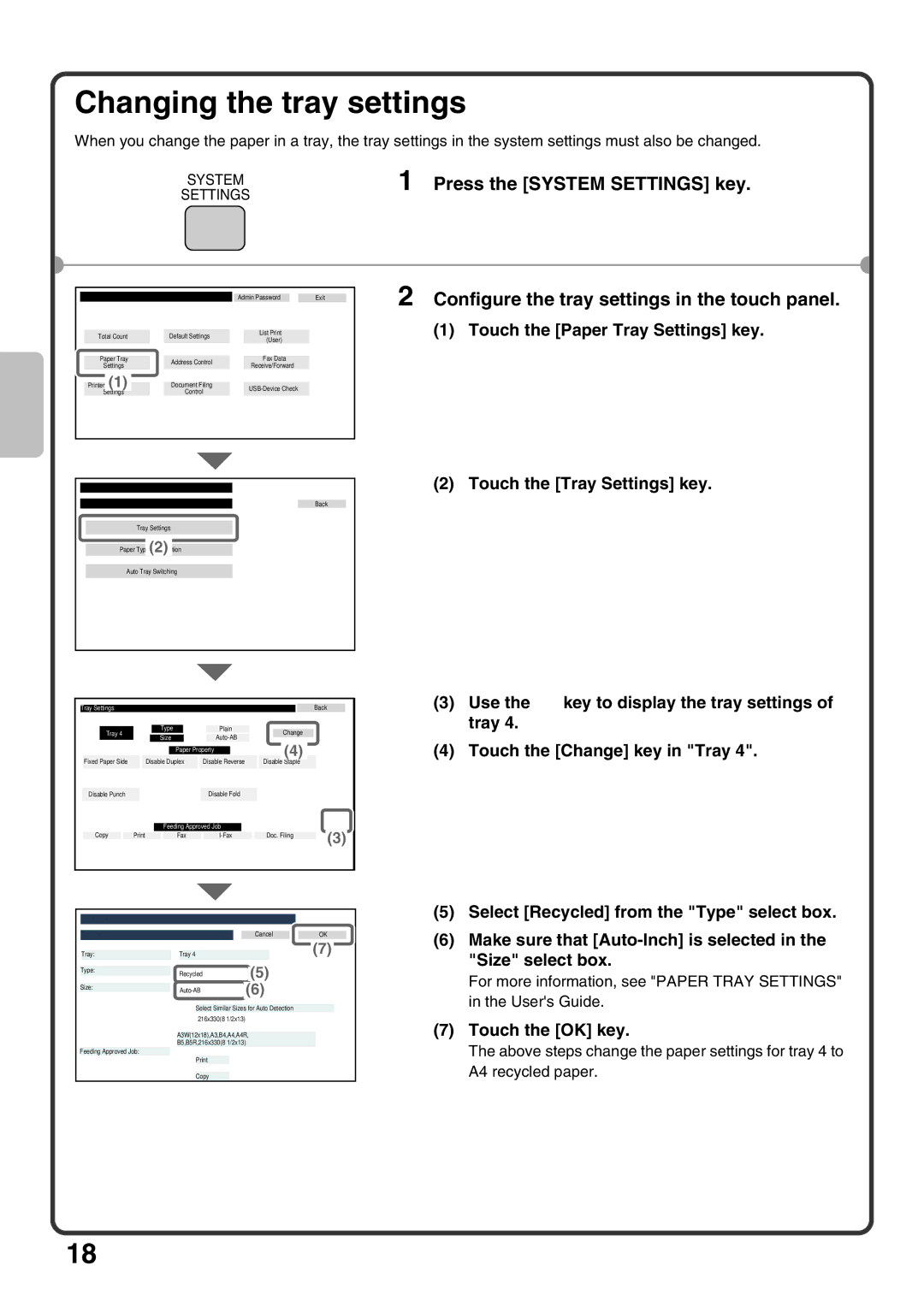 Sharp MX-M950, MX-M1100 Changing the tray settings, Configure the tray settings in the touch panel, Touch the OK key 