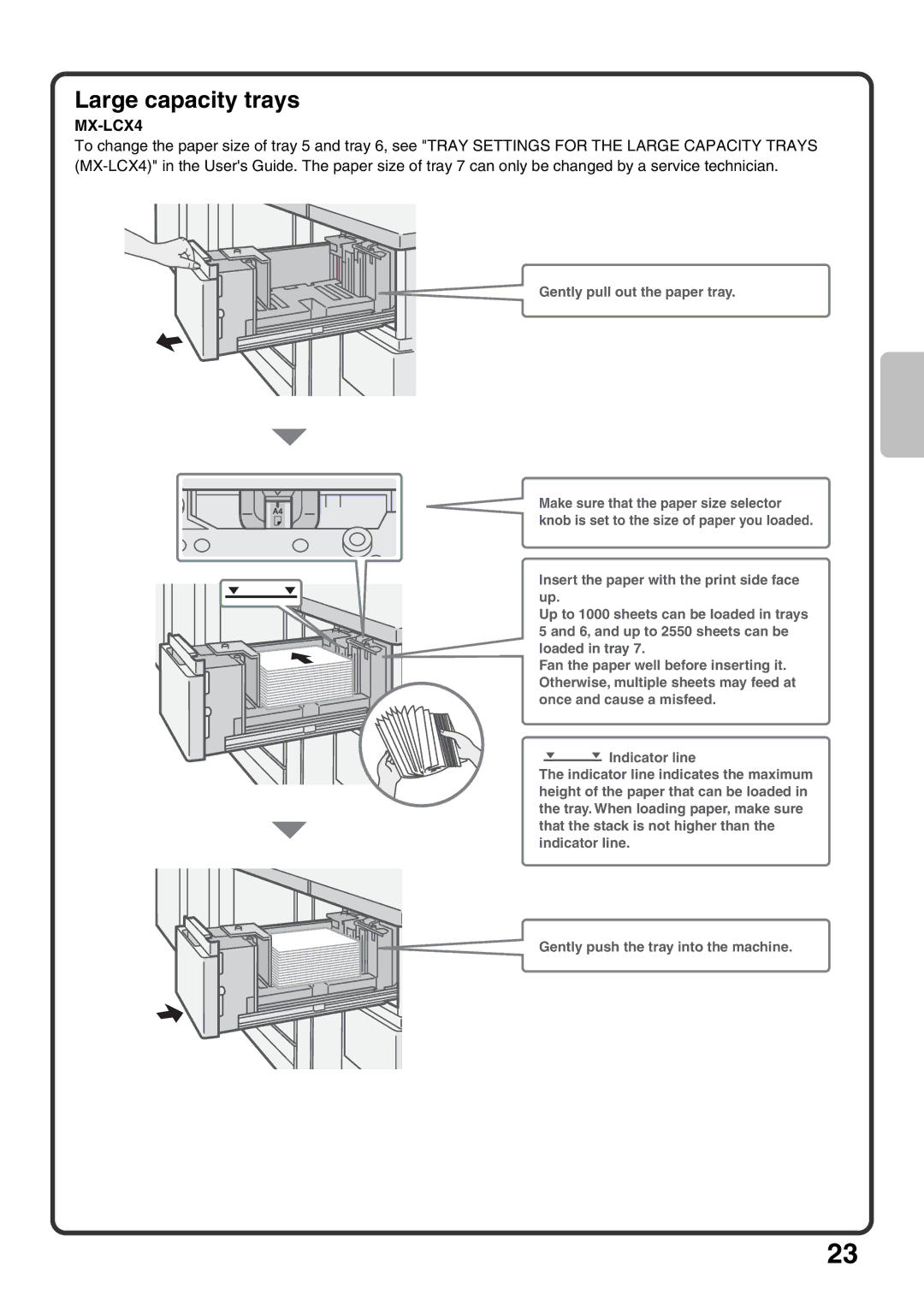 Sharp MX-M850, MX-M1100, MX-M950 quick start Large capacity trays 