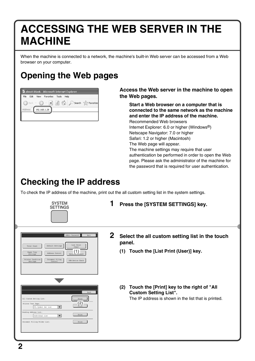 Sharp MX-M850, MX-M1100, MX-M950 Accessing the WEB Server in the Machine, Opening the Web pages, Checking the IP address 