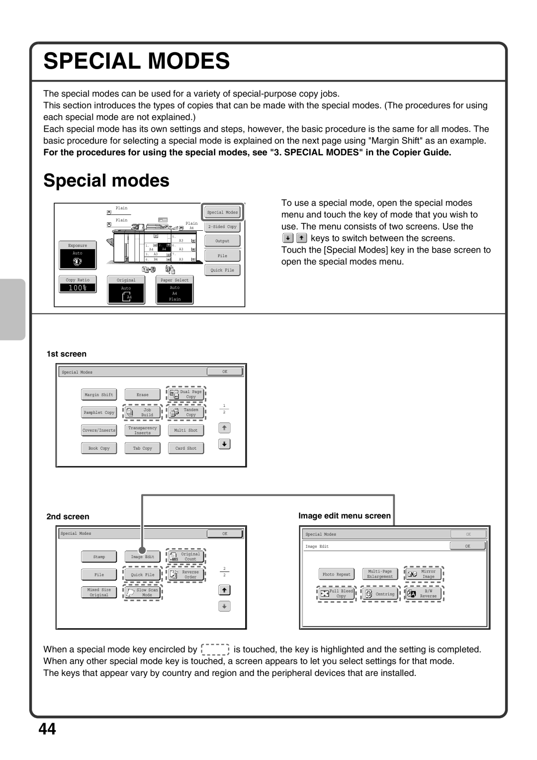 Sharp MX-M850, MX-M1100, MX-M950 quick start Special Modes, Special modes, 1st screen, 2nd screen Image edit menu screen 