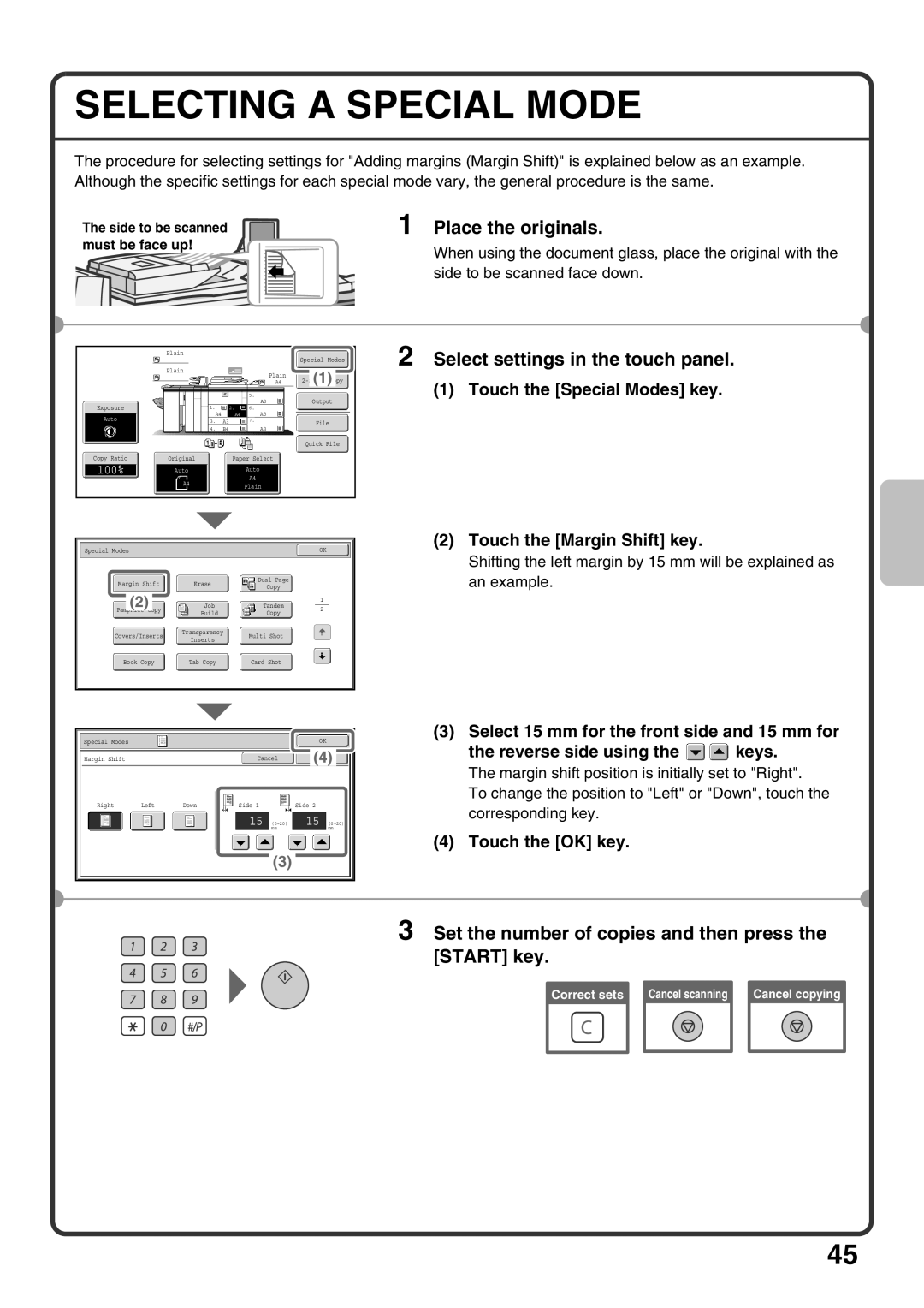 Sharp MX-M950, MX-M1100, MX-M850 Selecting a Special Mode, Touch the Special Modes key, Touch the Margin Shift key 