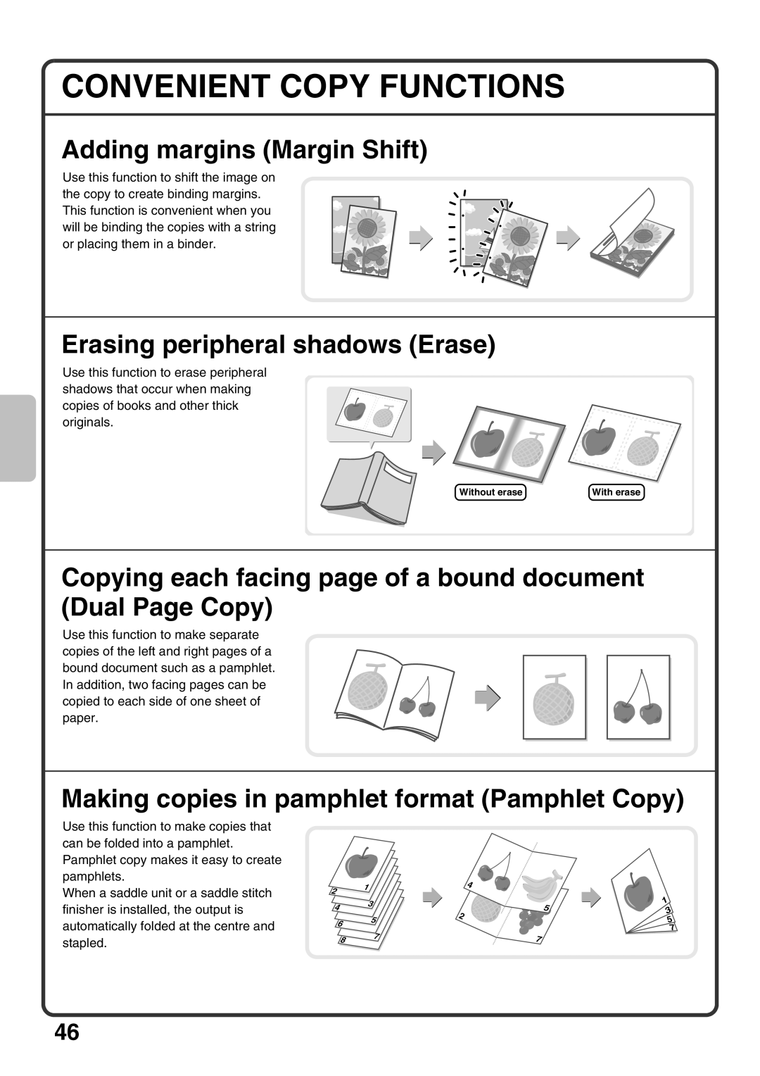 Sharp MX-M1100, MX-M850, MX-M950 Convenient Copy Functions, Adding margins Margin Shift, Erasing peripheral shadows Erase 