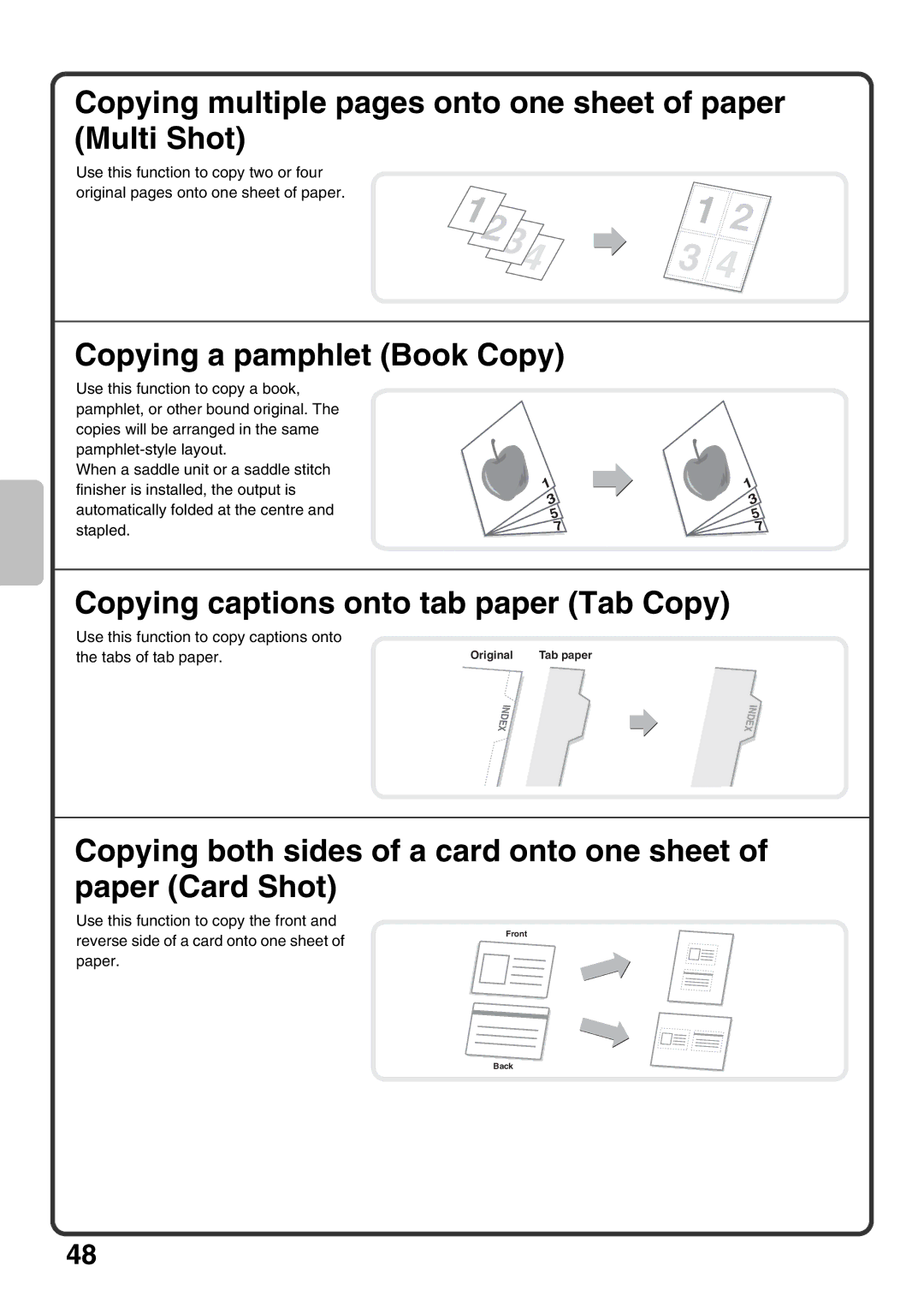 Sharp MX-M950, MX-M1100, MX-M850 Copying multiple pages onto one sheet of paper Multi Shot, Copying a pamphlet Book Copy 