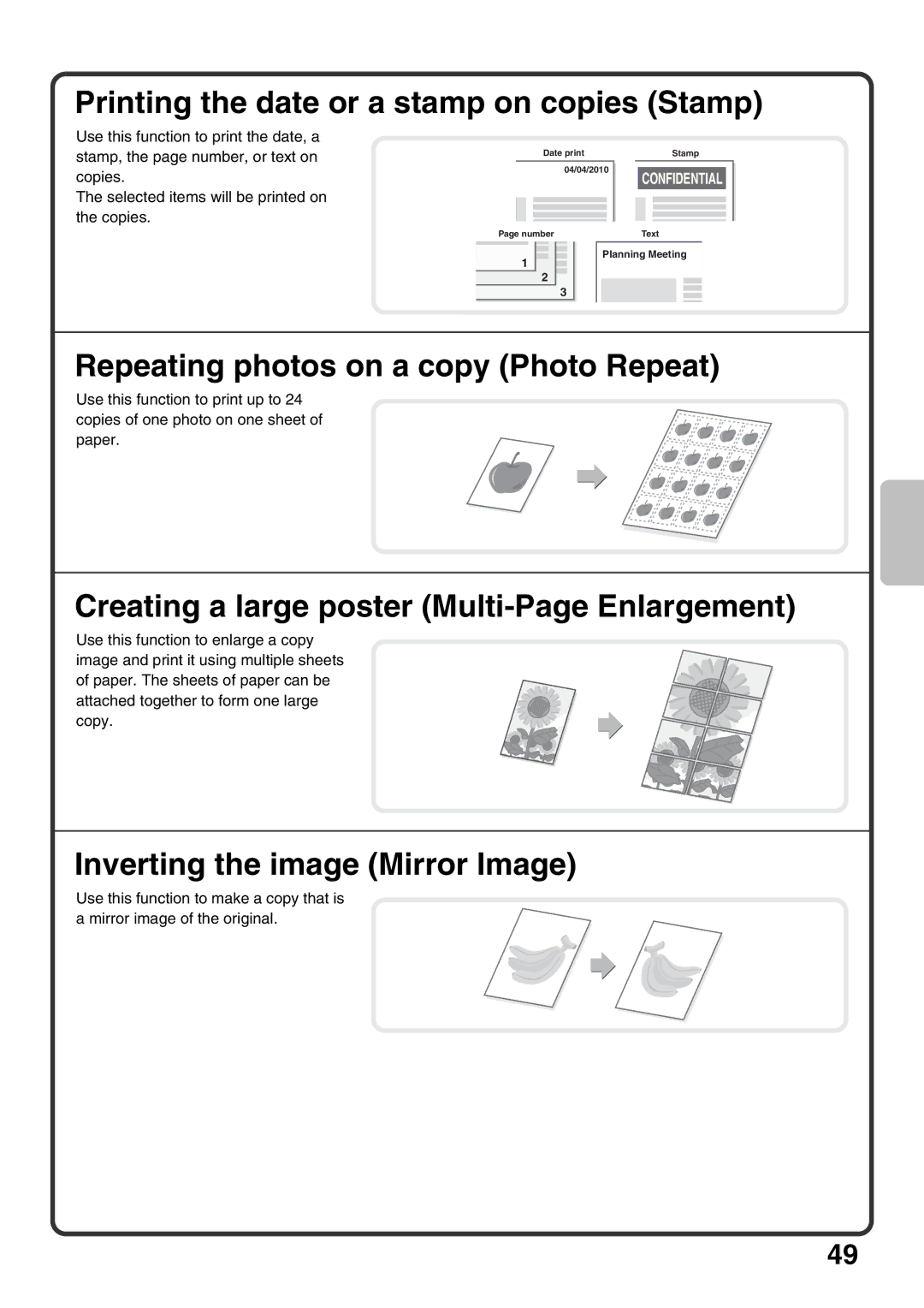 Sharp MX-M1100, MX-M850, MX-M950 Printing the date or a stamp on copies Stamp, Repeating photos on a copy Photo Repeat 