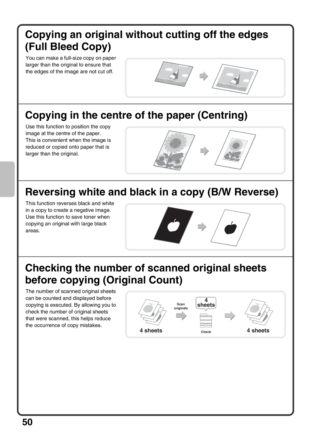 Sharp MX-M850 Copying in the centre of the paper Centring, Reversing white and black in a copy B/W Reverse, Sheets 