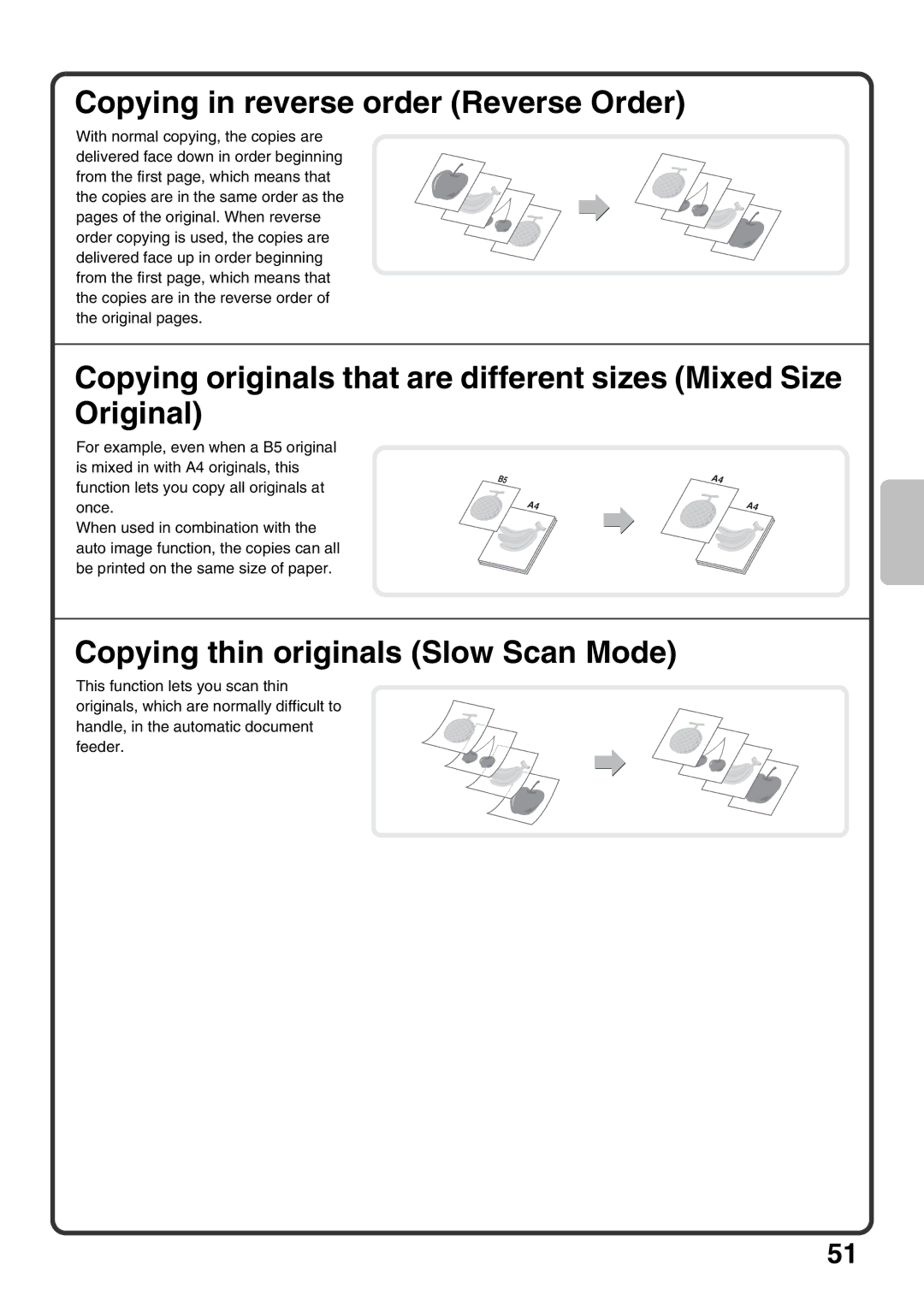 Sharp MX-M950, MX-M1100, MX-M850 quick start Copying in reverse order Reverse Order, Copying thin originals Slow Scan Mode 