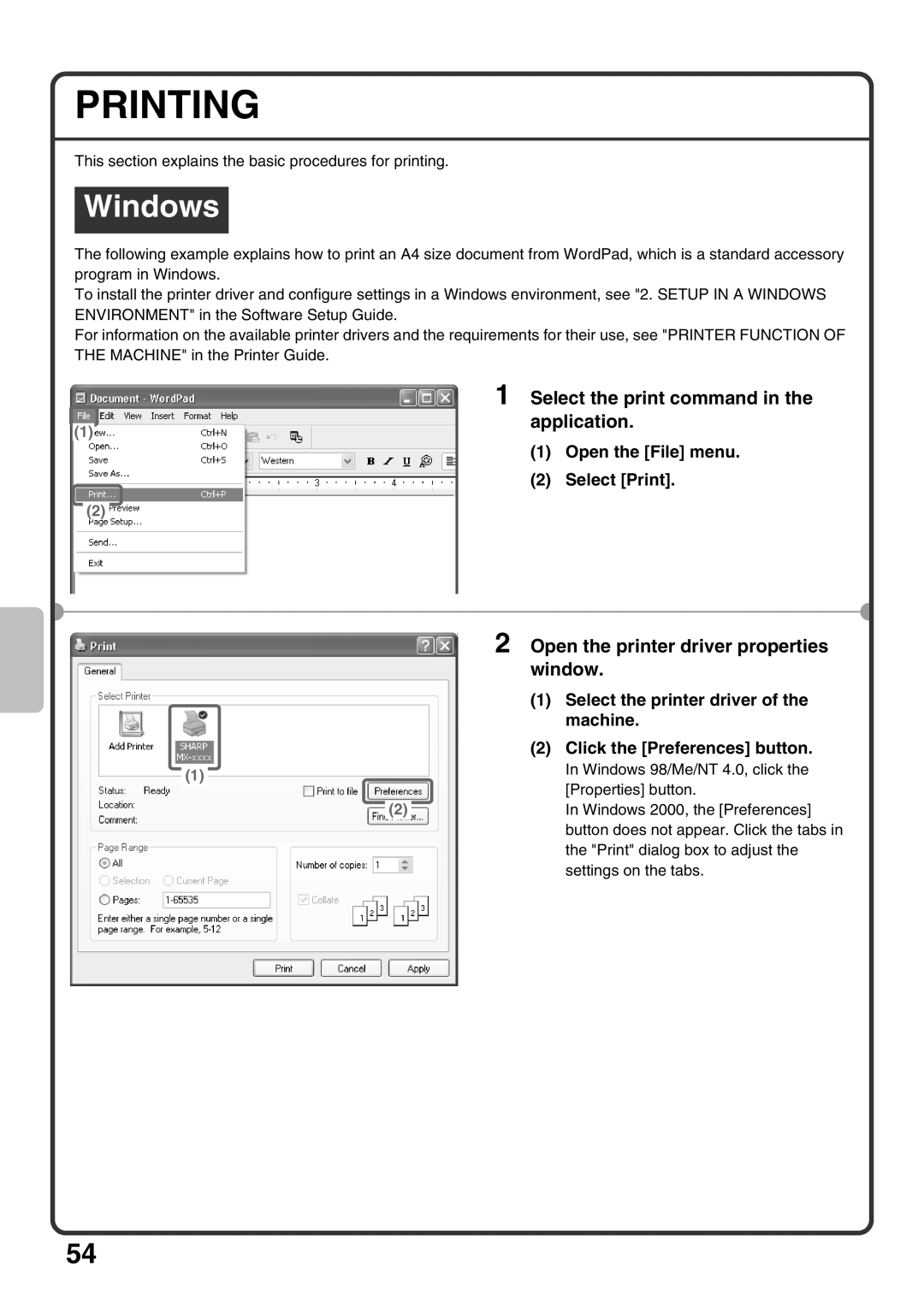 Sharp MX-M950, MX-M1100, MX-M850 Printing, Select the print command Application, Open the printer driver properties Window 