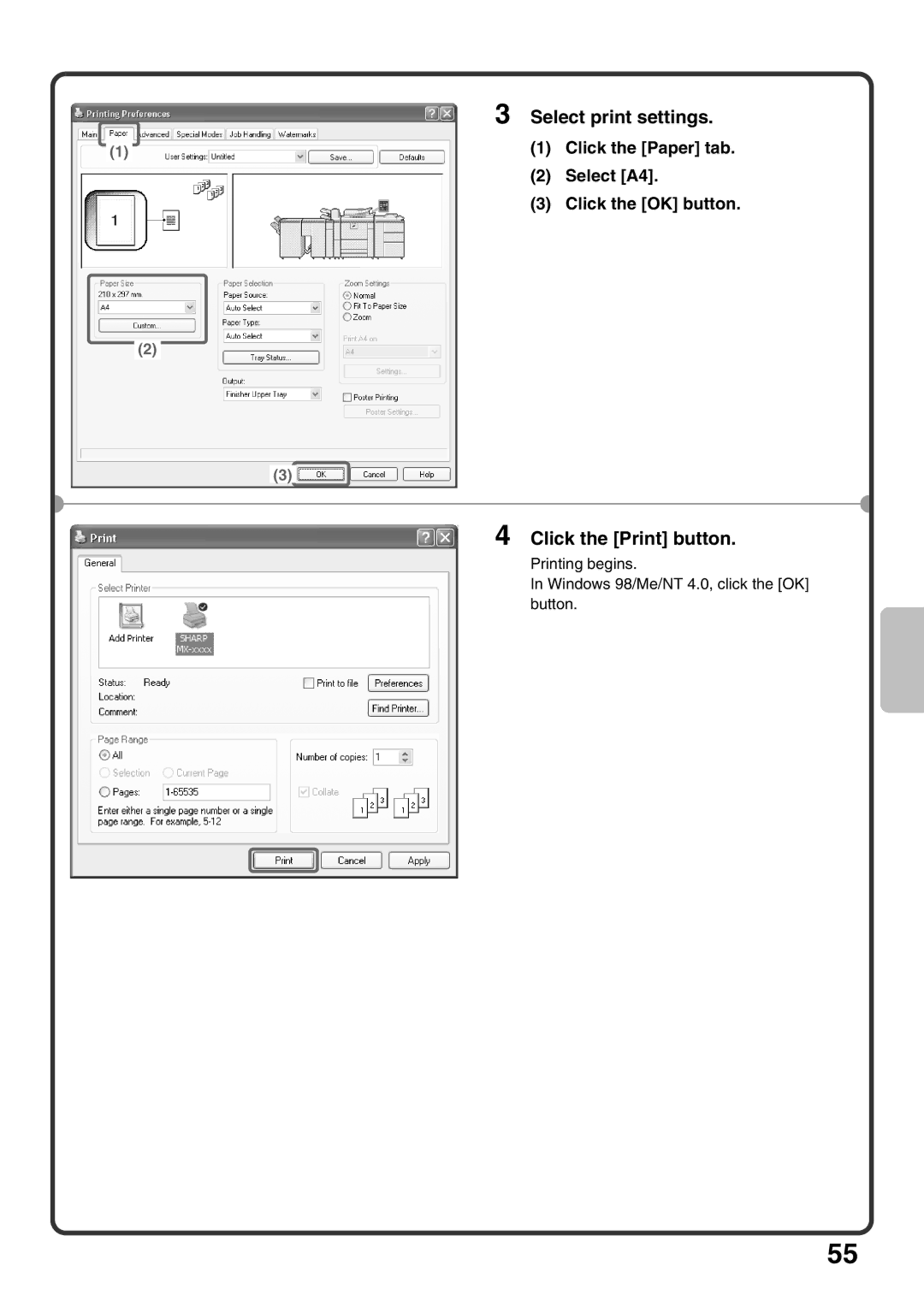 Sharp MX-M1100, MX-M850, MX-M950 quick start Select print settings, Click the Print button, Select A4 Click the OK button 