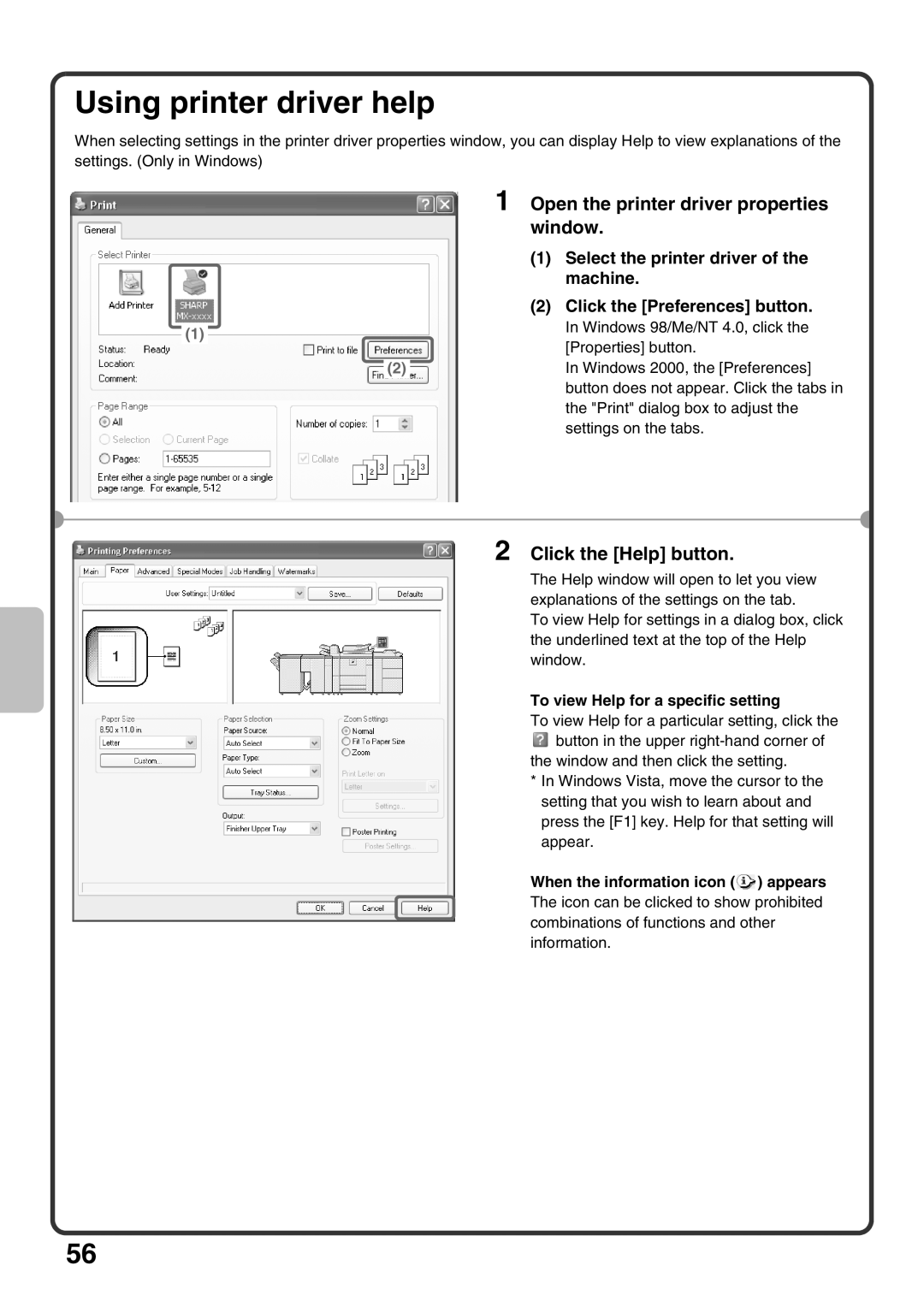 Sharp MX-M850, MX-M1100, MX-M950 Using printer driver help, Click the Help button, To view Help for a specific setting 