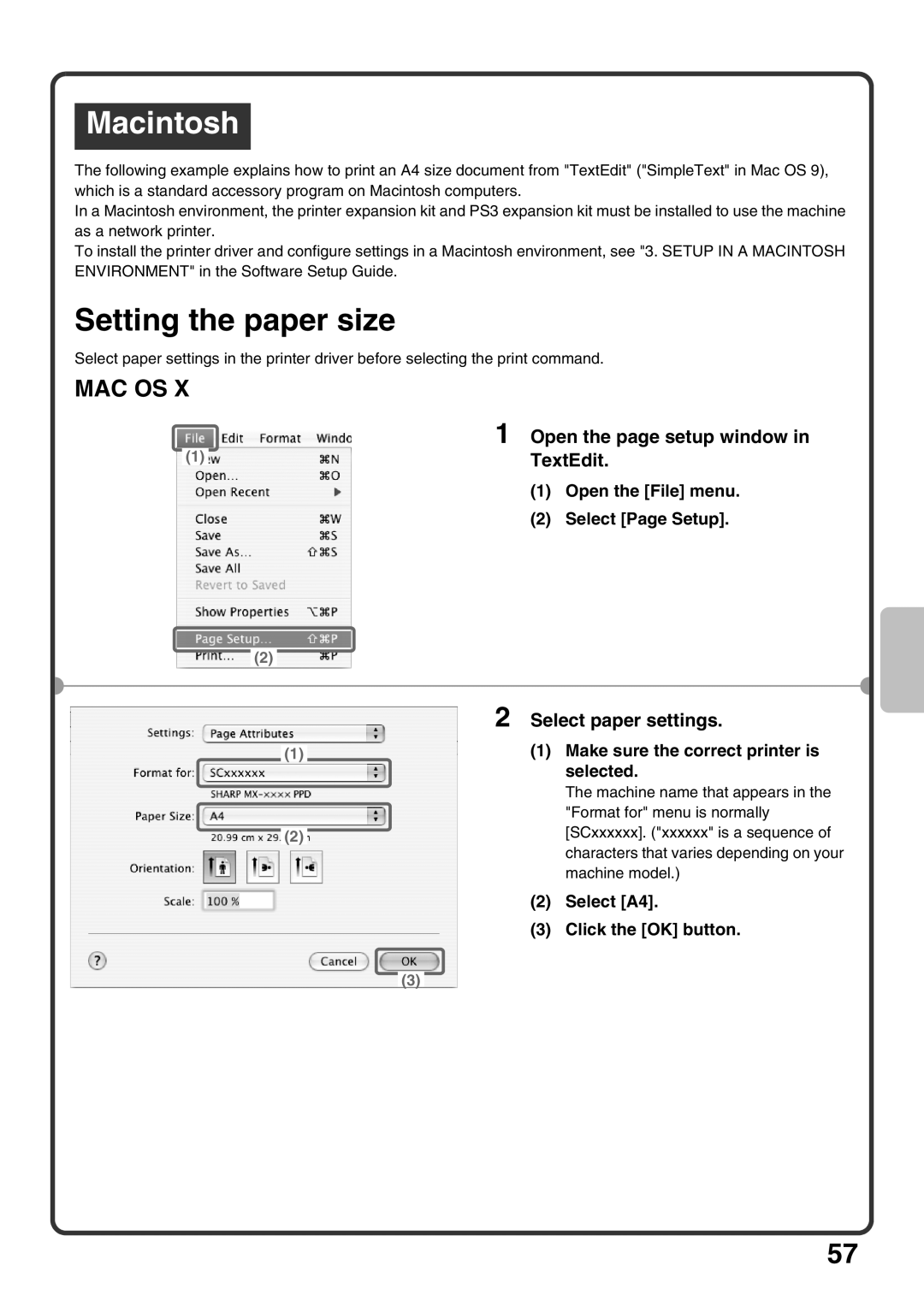 Sharp MX-M950, MX-M1100, MX-M850 Setting the paper size, Open the page setup window, TextEdit, Select paper settings 