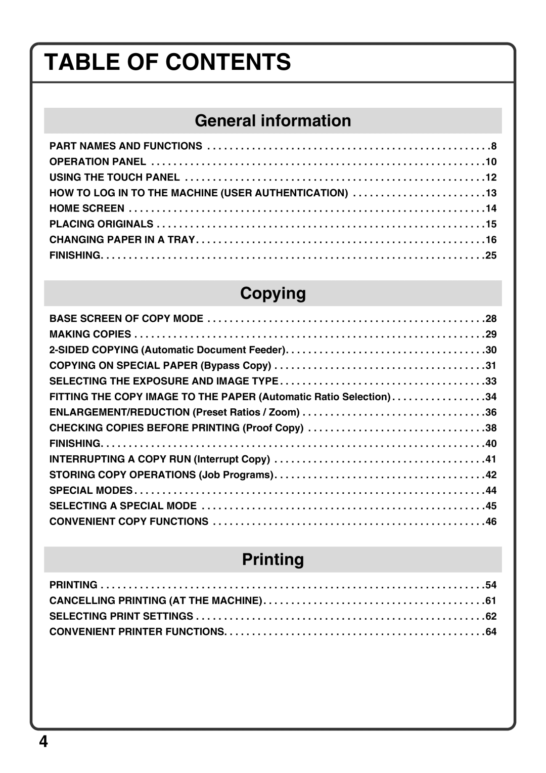 Sharp MX-M1100, MX-M850, MX-M950 quick start Table of Contents 