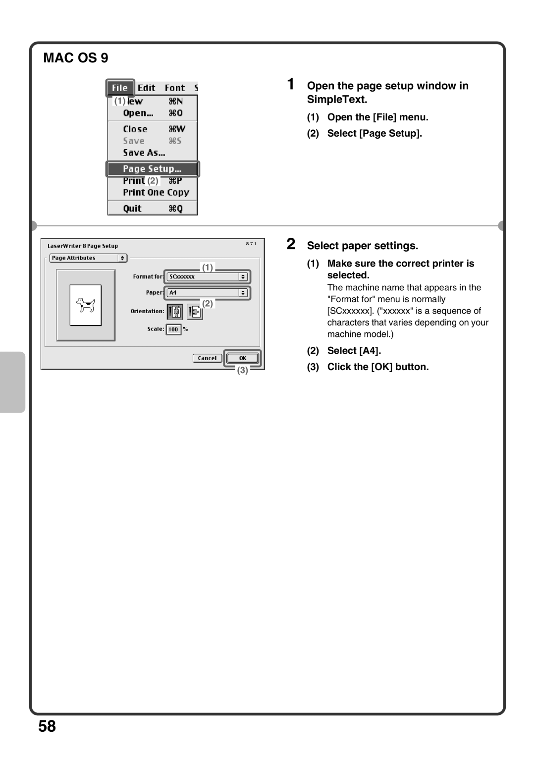 Sharp MX-M1100, MX-M850, MX-M950 quick start SimpleText, Open the File menu Select Page Setup 