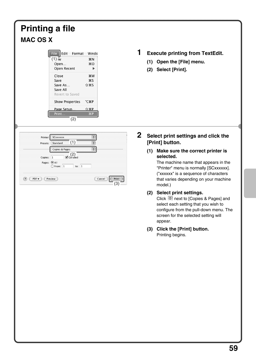 Sharp MX-M850, MX-M1100 Printing a file, Execute printing from TextEdit, Select print settings and click, Print button 