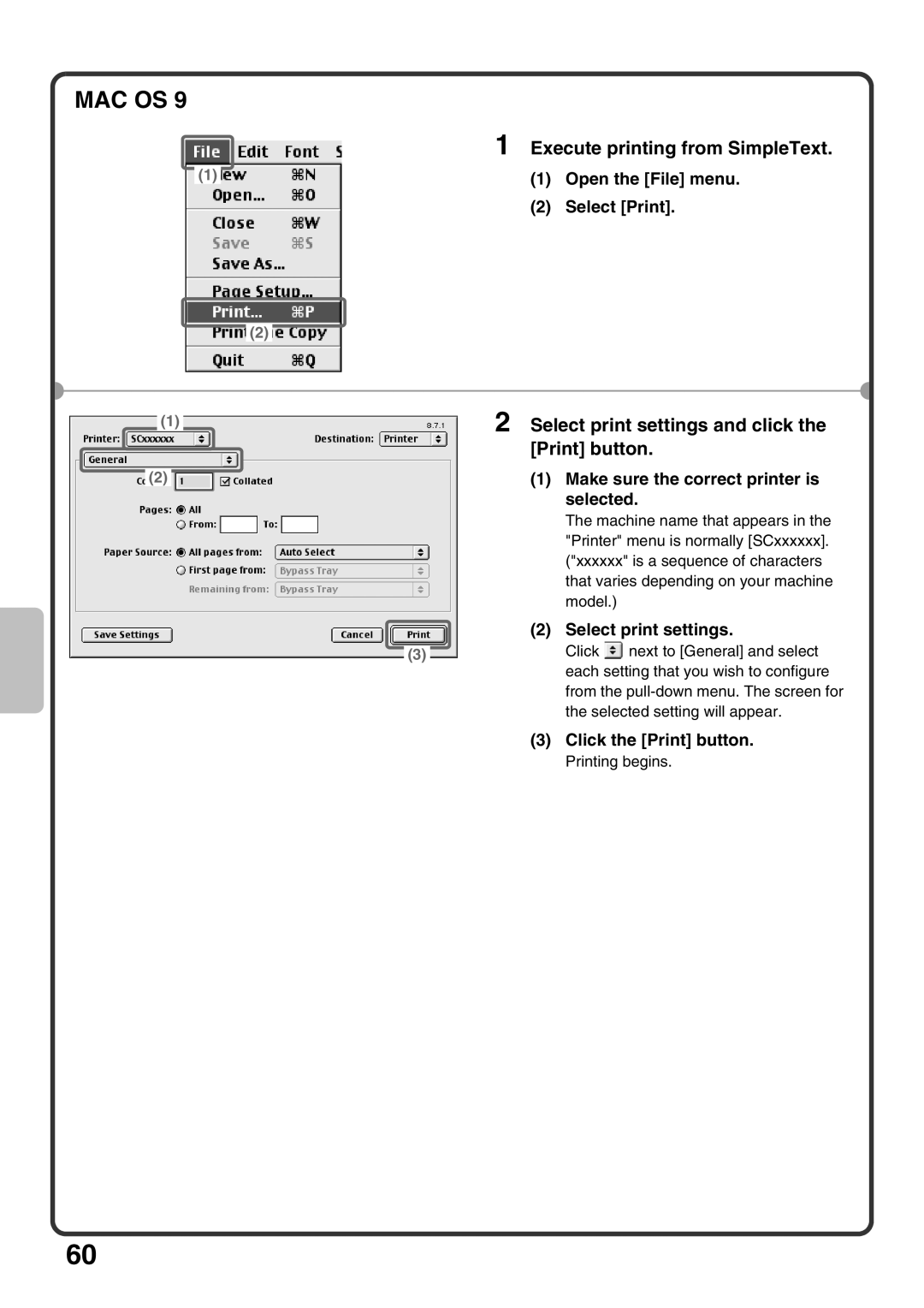 Sharp MX-M950, MX-M1100, MX-M850 quick start Execute printing from SimpleText, Open the File menu 