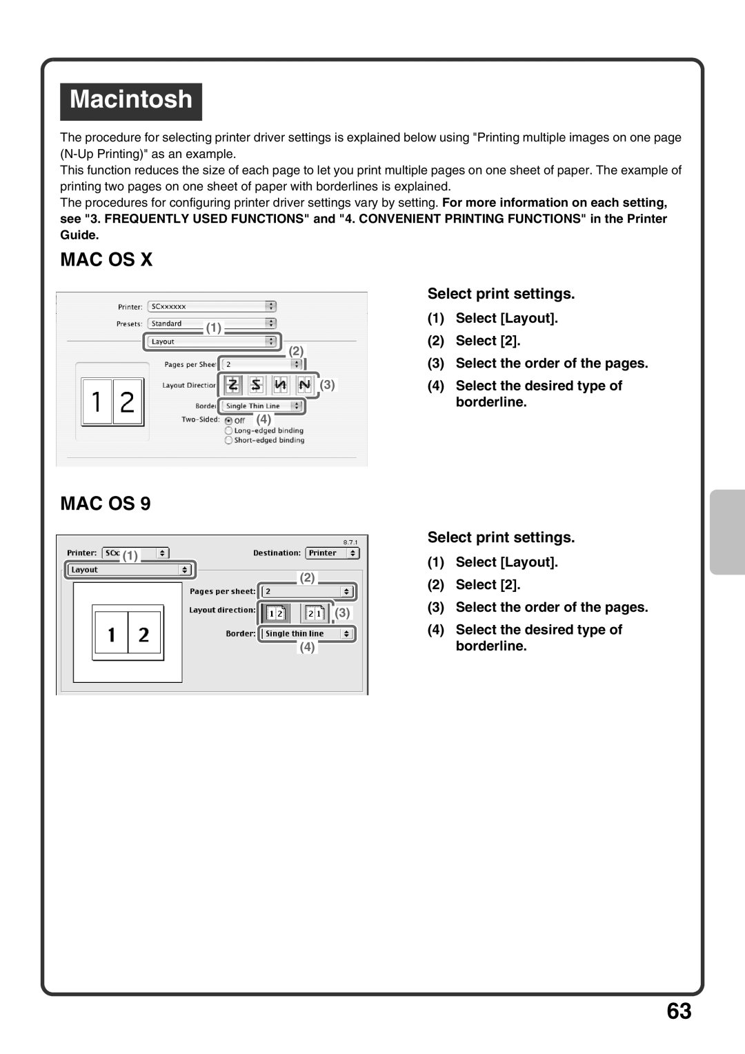 Sharp MX-M950, MX-M1100, MX-M850 Select Layout, Select the desired type, Borderline, Select the order of the pages 