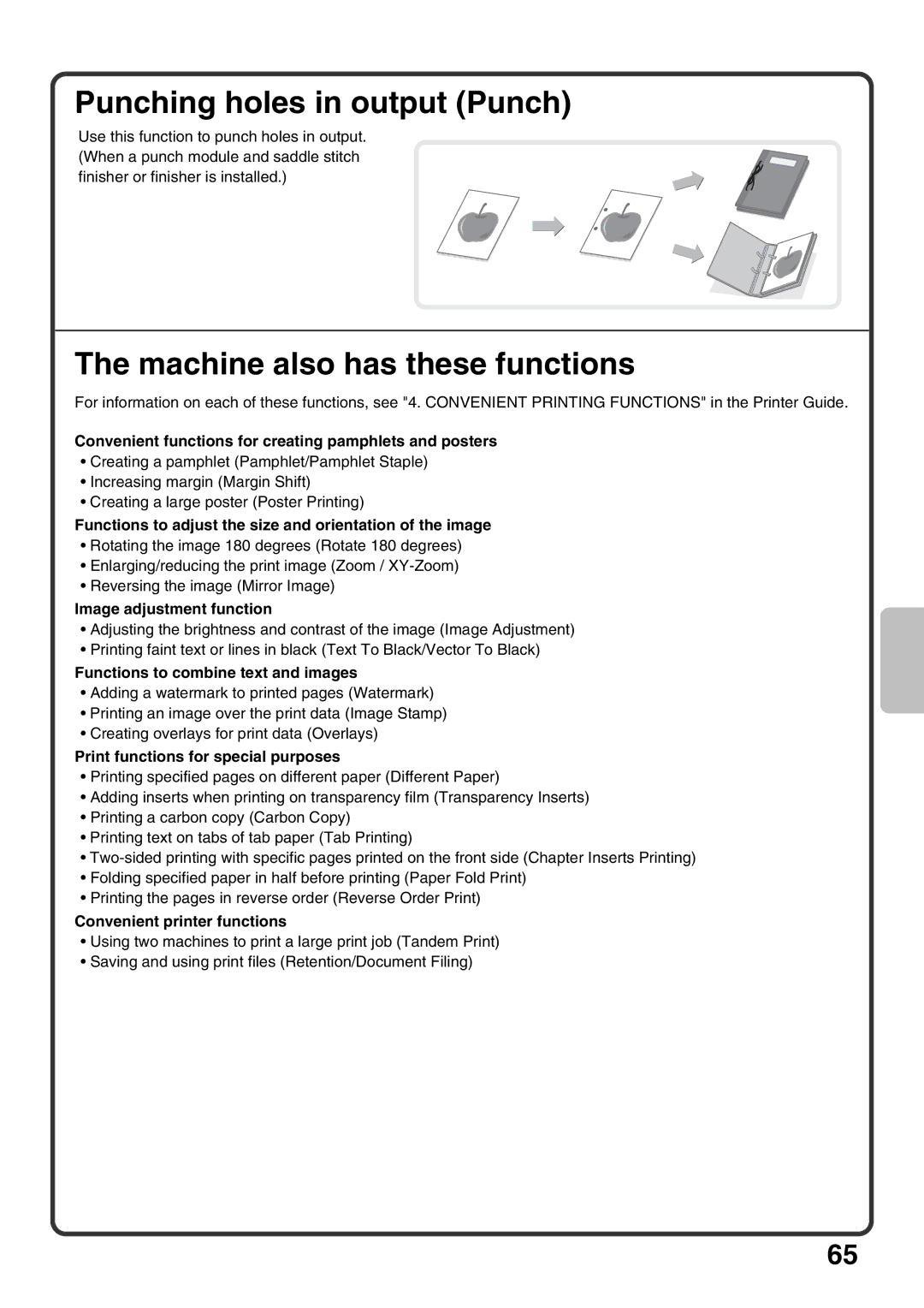 Sharp MX-M850, MX-M1100, MX-M950 quick start Punching holes in output Punch, Machine also has these functions 