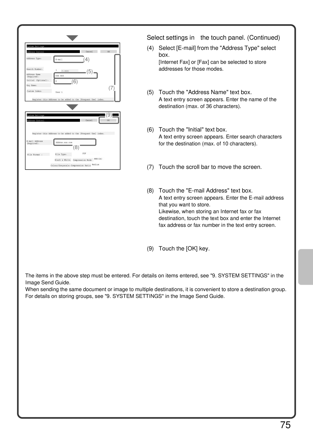 Sharp MX-M950 Box, Touch the Address Name text box, Touch the Initial text box, Touch the scroll bar to move the screen 