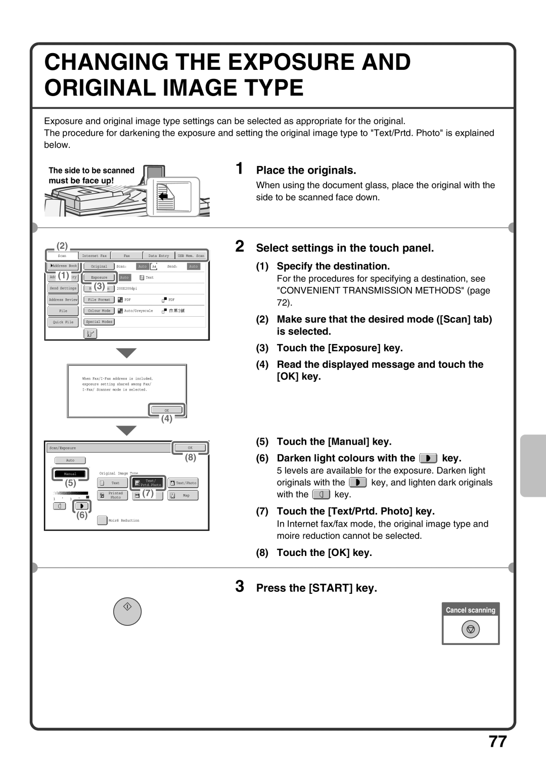 Sharp MX-M850 Changing the Exposure and Original Image Type, Specify the destination, Touch the Text/Prtd. Photo key 