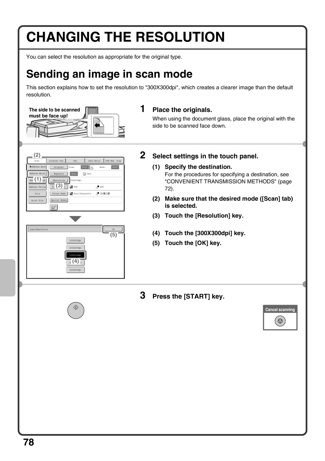 Sharp MX-M950, MX-M1100, MX-M850 quick start Changing the Resolution, Sending an image in scan mode 