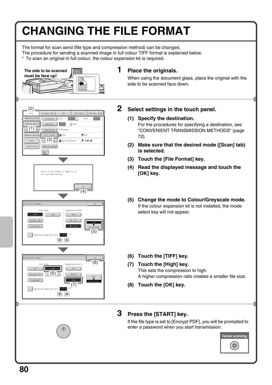 Sharp MX-M850, MX-M1100, MX-M950 quick start Changing the File Format, Touch the Tiff key Touch the High key 