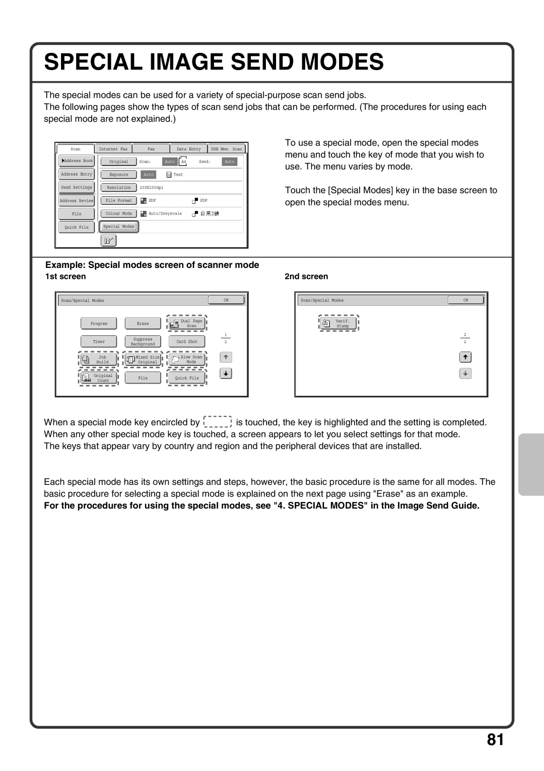 Sharp MX-M950, MX-M1100 Special Image Send Modes, Example Special modes screen of scanner mode, 1st screen 2nd screen 