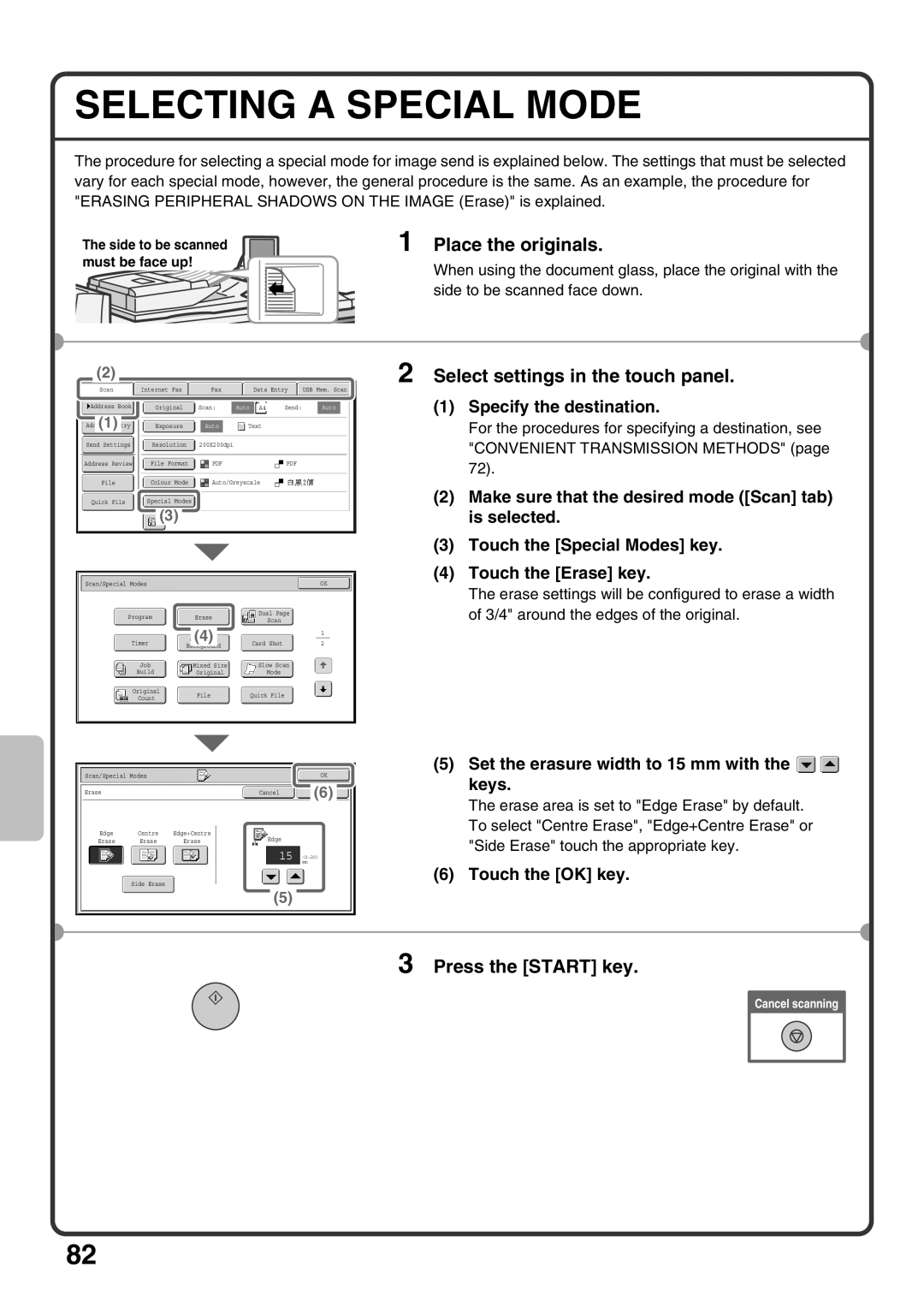 Sharp MX-M1100, MX-M850, MX-M950 quick start Selecting a Special Mode, Set the erasure width to 15 mm with the keys 