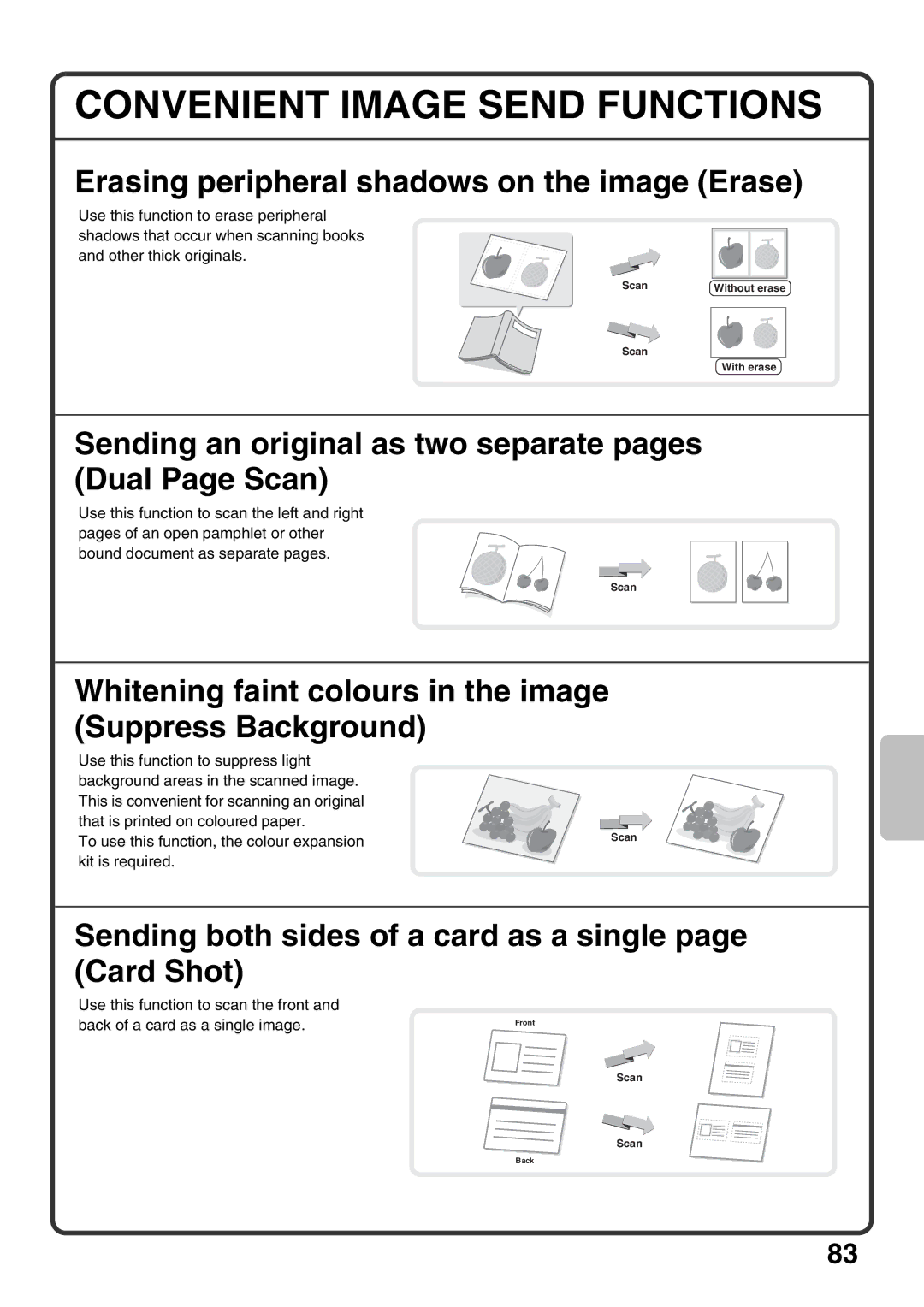 Sharp MX-M850, MX-M1100, MX-M950 quick start Convenient Image Send Functions, Erasing peripheral shadows on the image Erase 