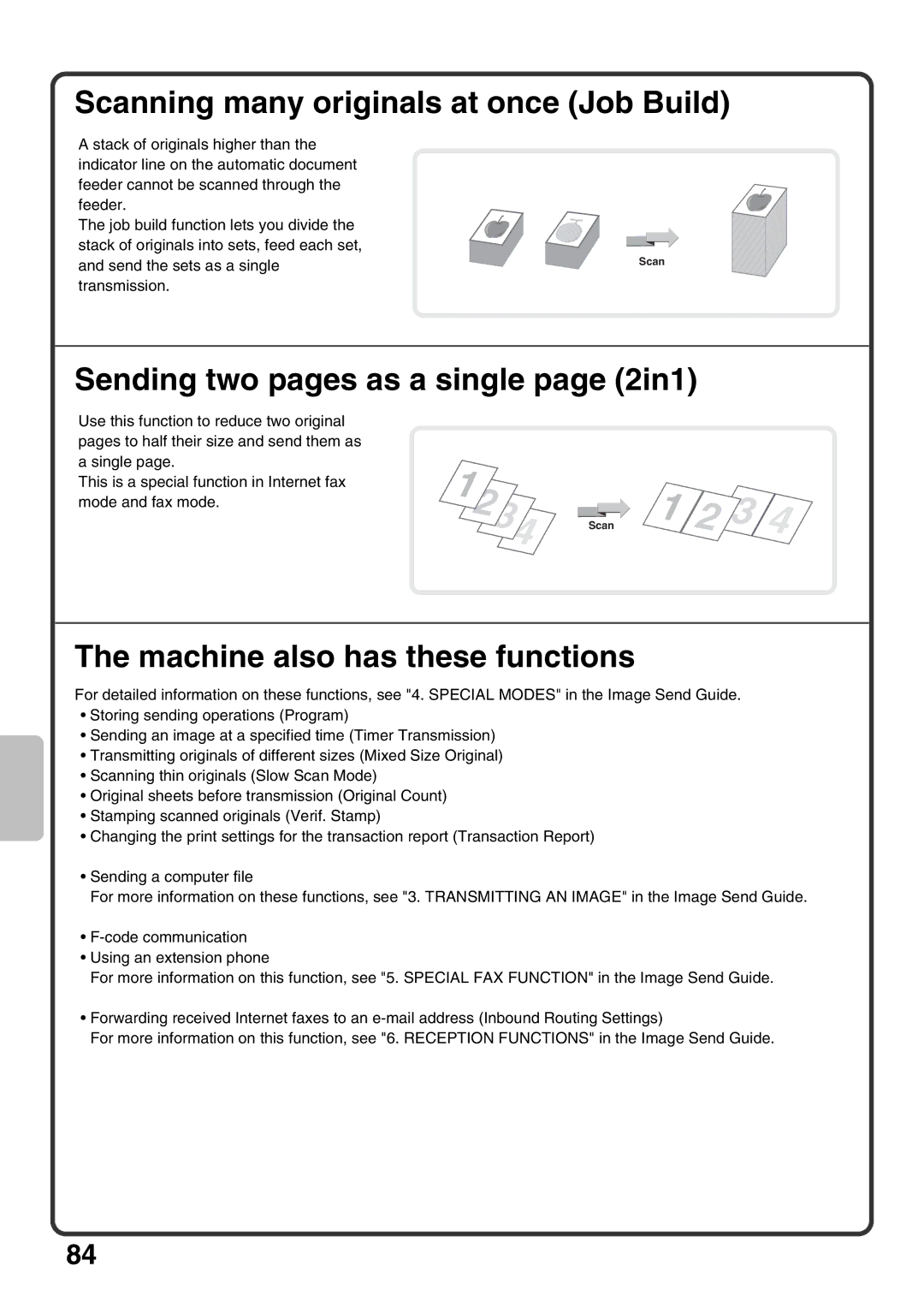 Sharp MX-M950, MX-M1100, MX-M850 Scanning many originals at once Job Build, Sending two pages as a single page 2in1 