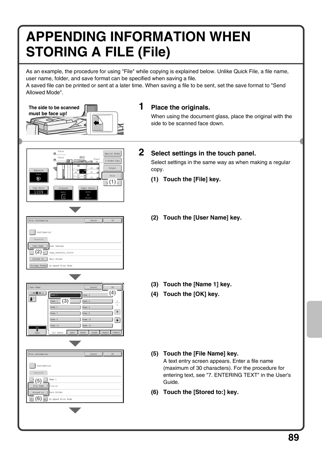 Sharp MX-M850, MX-M1100, MX-M950 quick start Touch the File key, Touch the Stored to key 