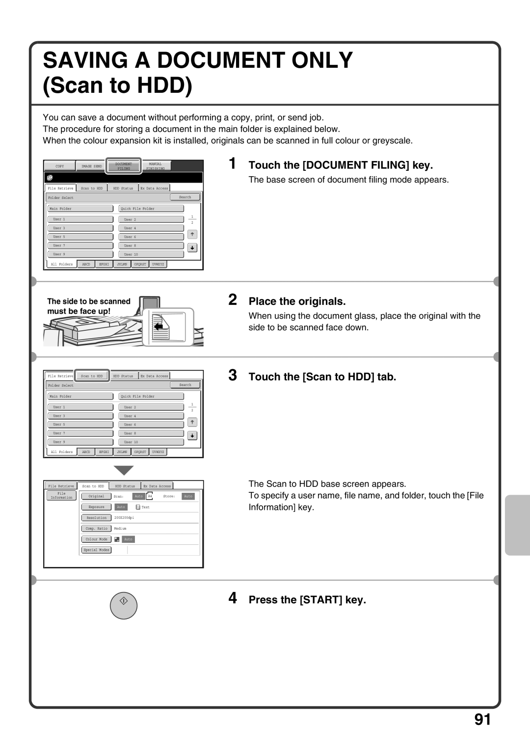 Sharp MX-M1100, MX-M850, MX-M950 quick start Touch the Document Filing key, Touch the Scan to HDD tab 