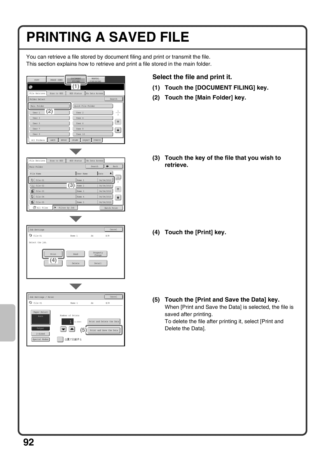 Sharp MX-M850, MX-M1100, MX-M950 quick start Printing a Saved File, Select the file and print it 