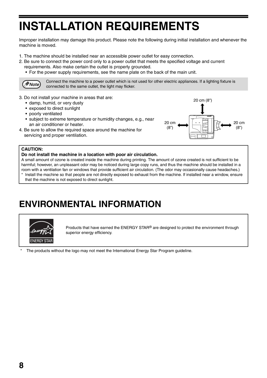 Sharp MX-M160D, MX-M200D operation manual Installation Requirements, Environmental Information 