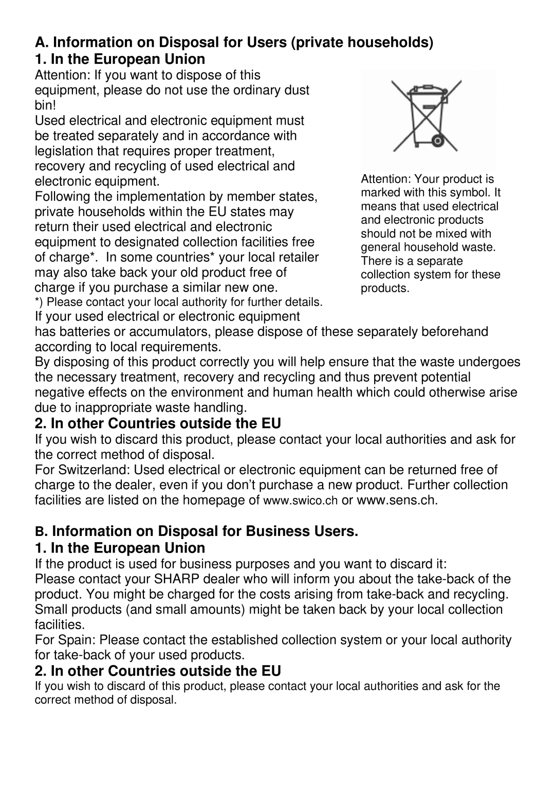 Sharp MX-M160D, MX-M200D operation manual Other Countries outside the EU 