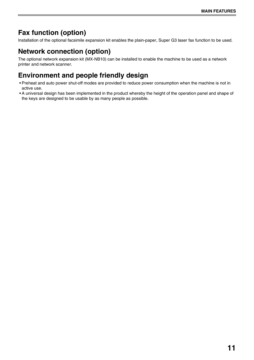 Sharp MX-M200D, MX-M160D Fax function option, Network connection option, Environment and people friendly design 