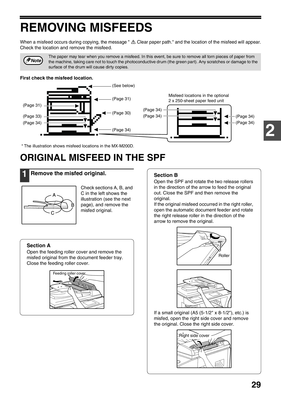 Sharp MX-M200D, MX-M160D Removing Misfeeds, Original Misfeed in the SPF, Remove the misfed original, Section a, Section B 