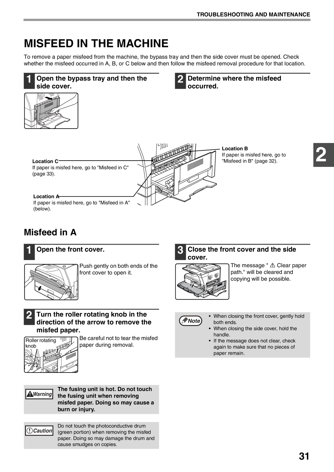 Sharp MX-M200D Misfeed in the Machine, Misfeed in a, Open the front cover, Close the front cover and the side cover 