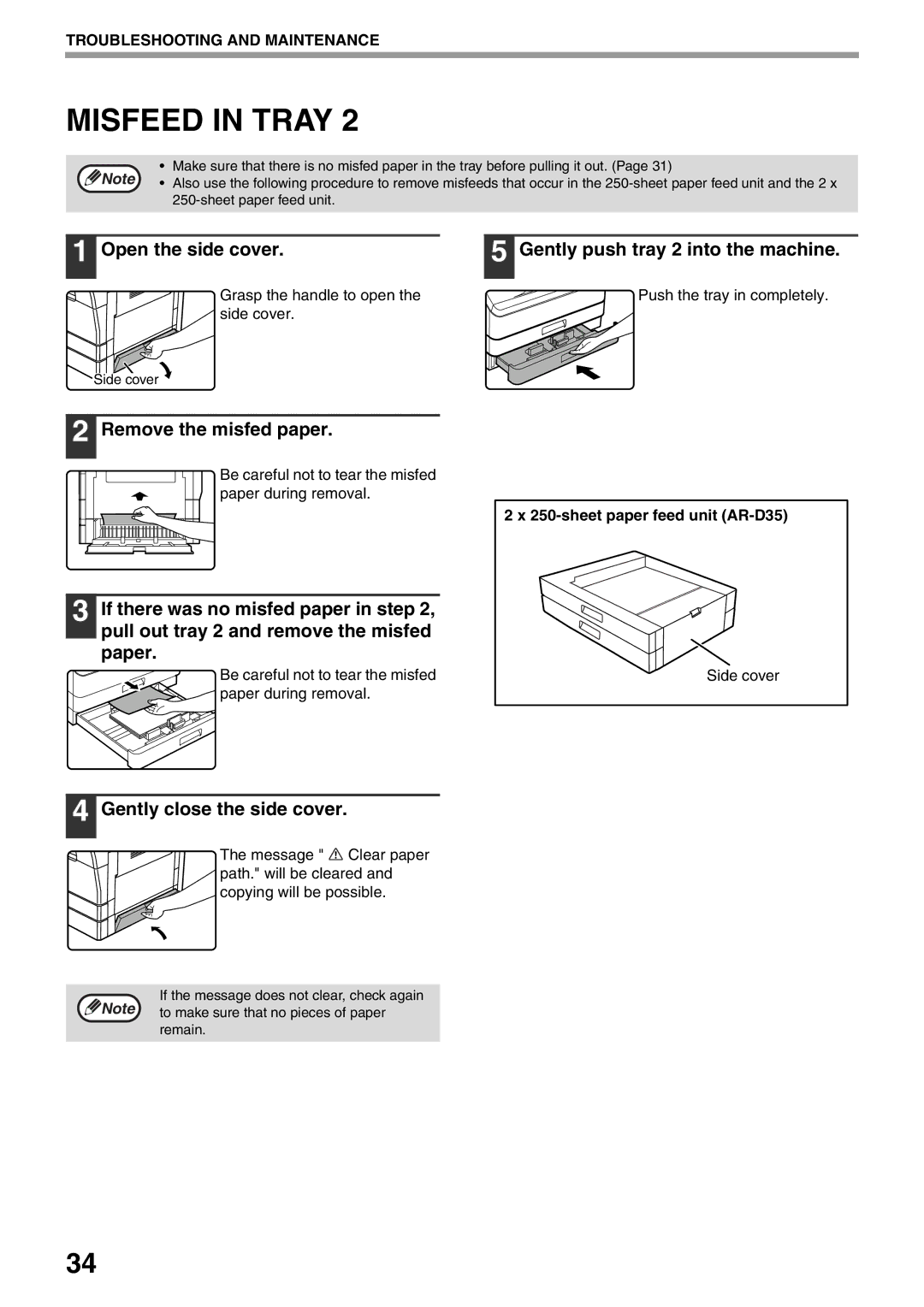 Sharp MX-M160D, MX-M200D Open the side cover Gently push tray 2 into the machine, Remove the misfed paper, Side cover 