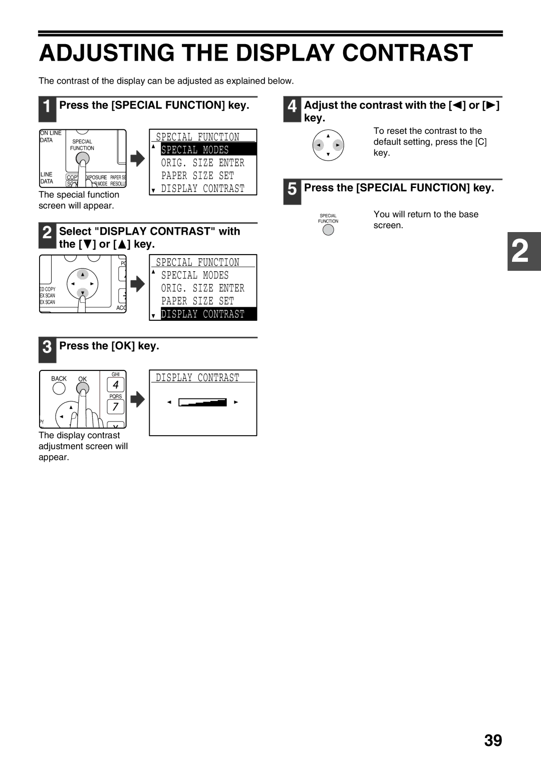 Sharp MX-M200D, MX-M160D operation manual Adjusting the Display Contrast, Select Display Contrast with the or key 