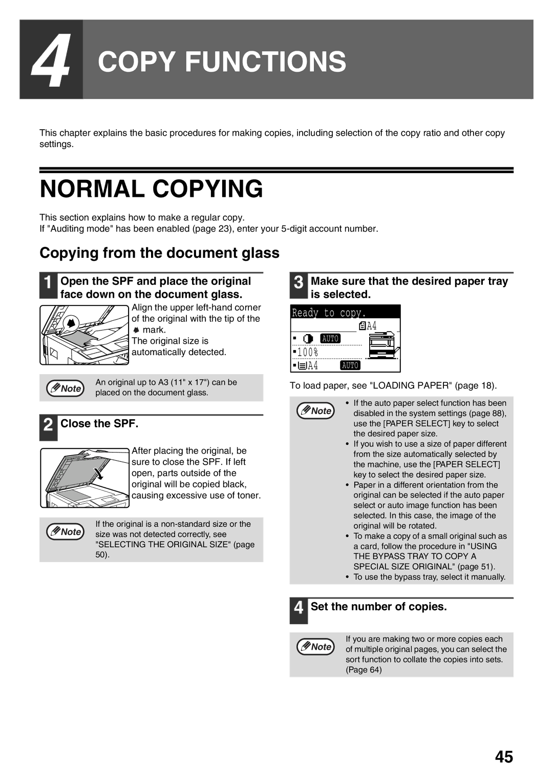 Sharp MX-M200D, MX-M160D Normal Copying, Copying from the document glass, Close the SPF, Set the number of copies 