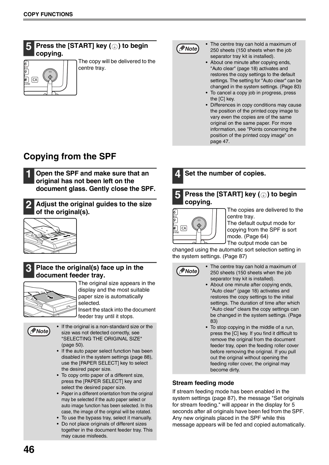 Sharp MX-M160D Copying from the SPF, Press the Start key to begin copying, Stream feeding mode, Copy will be delivered to 