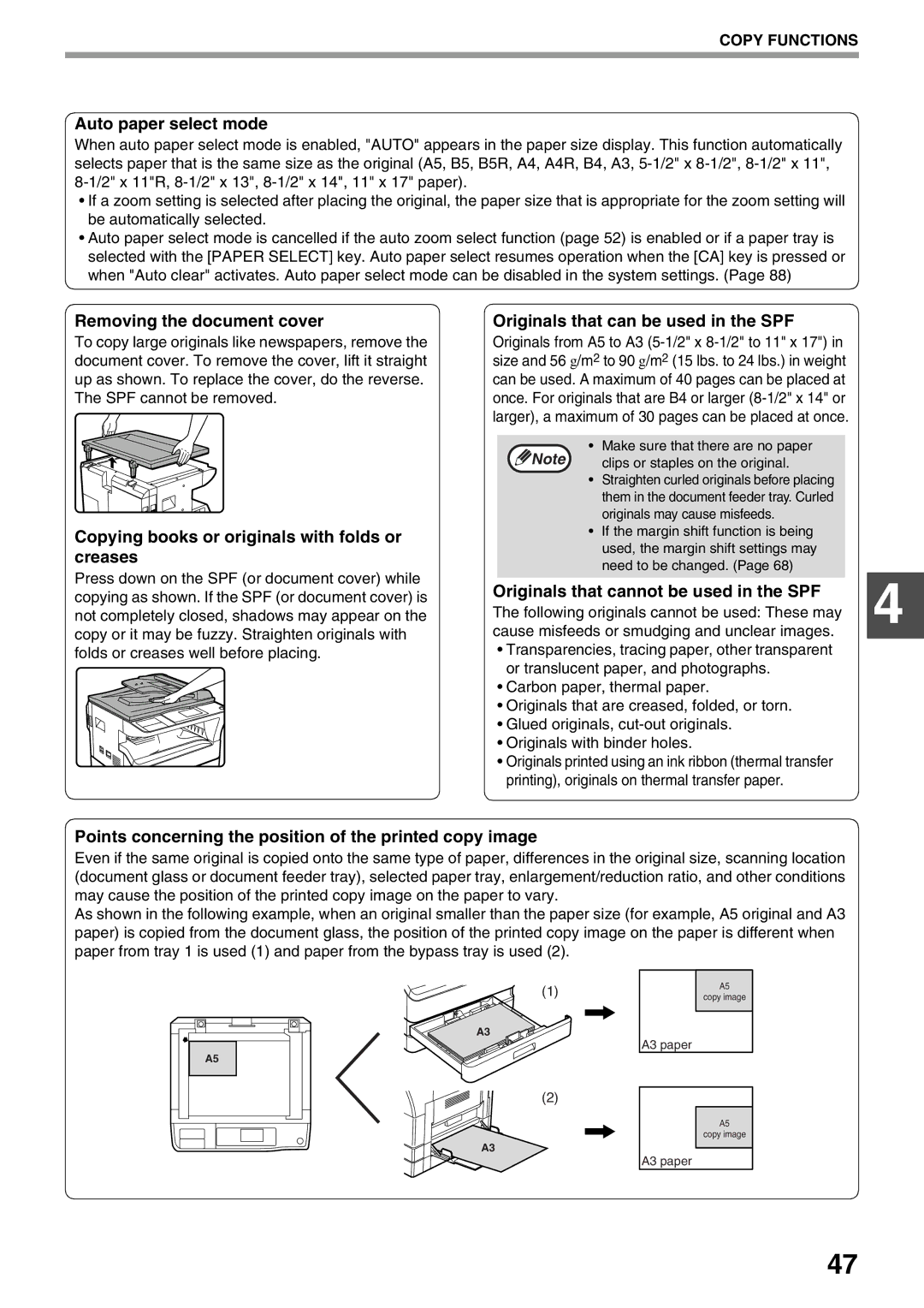 Sharp MX-M200D Auto paper select mode, Removing the document cover, Copying books or originals with folds or creases 