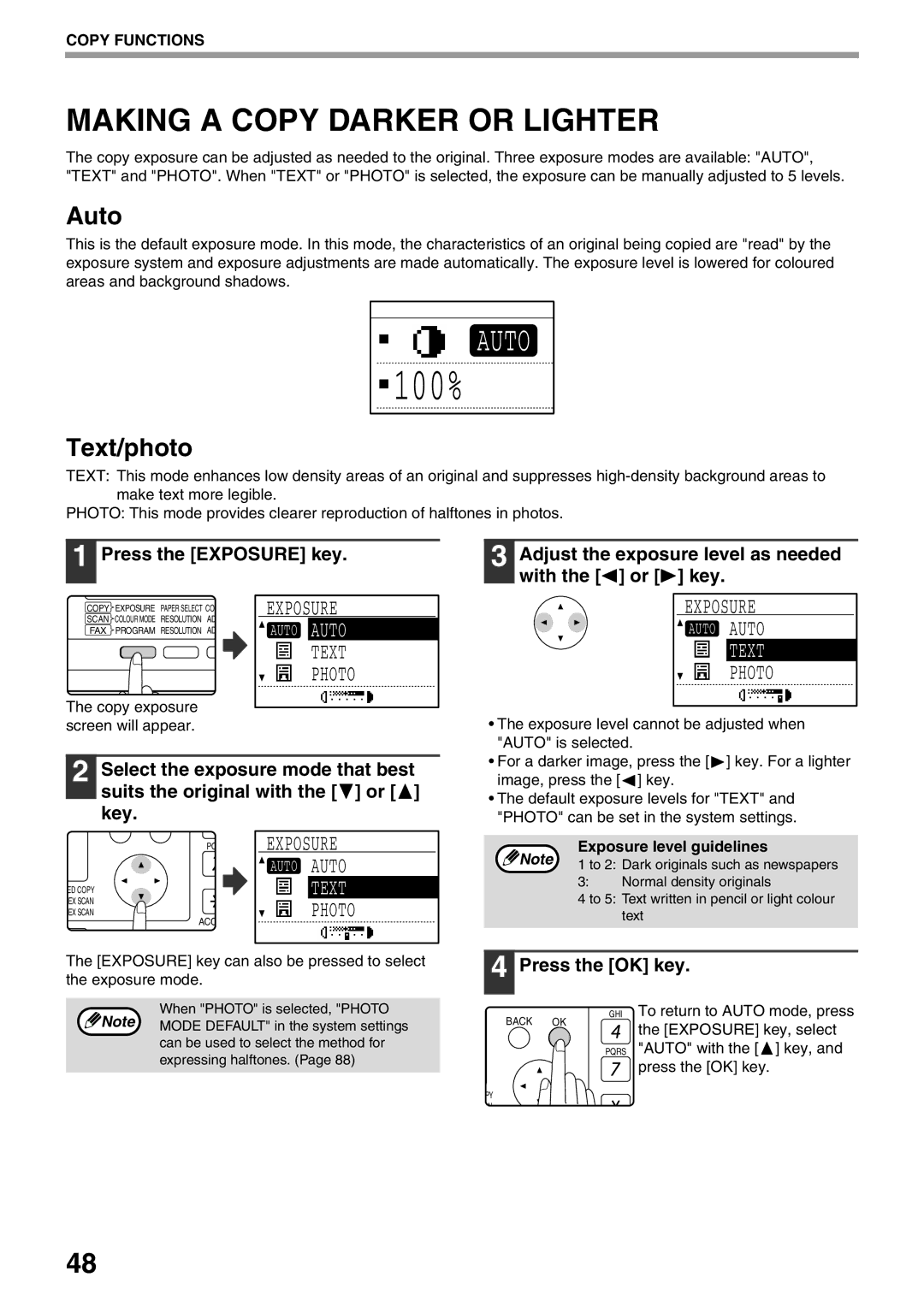 Sharp MX-M160D, MX-M200D operation manual Making a Copy Darker or Lighter, Auto, Text/photo 