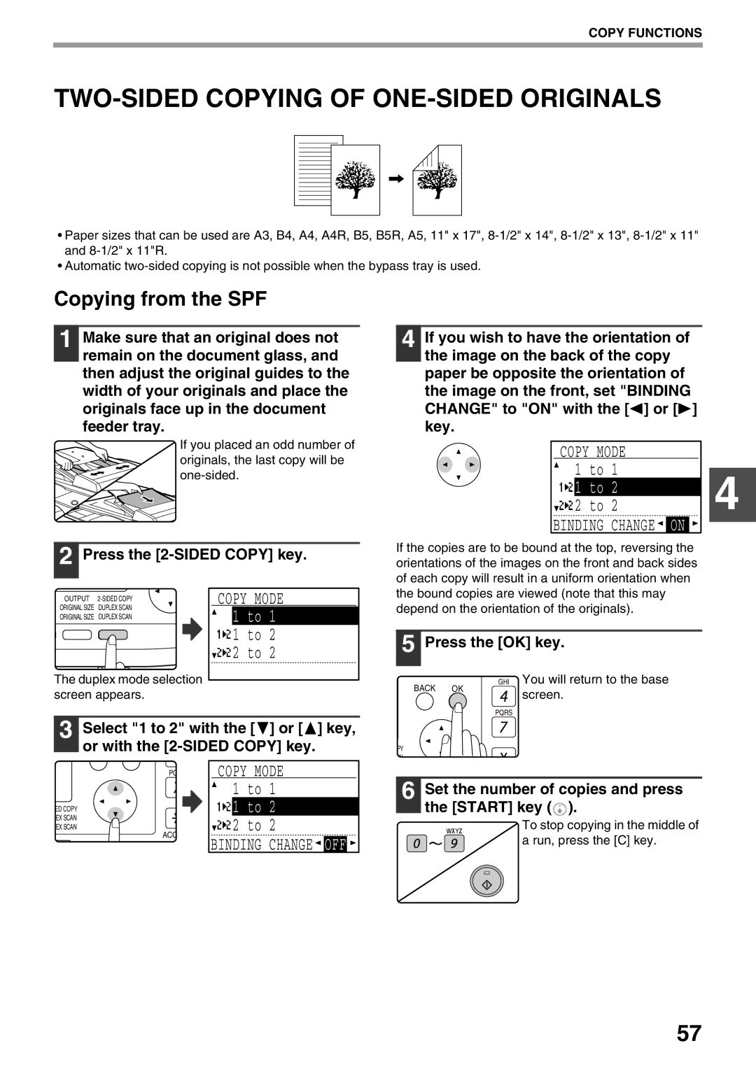 Sharp MX-M200D, MX-M160D operation manual TWO-SIDED Copying of ONE-SIDED Originals, Binding Change OFF, Mode 