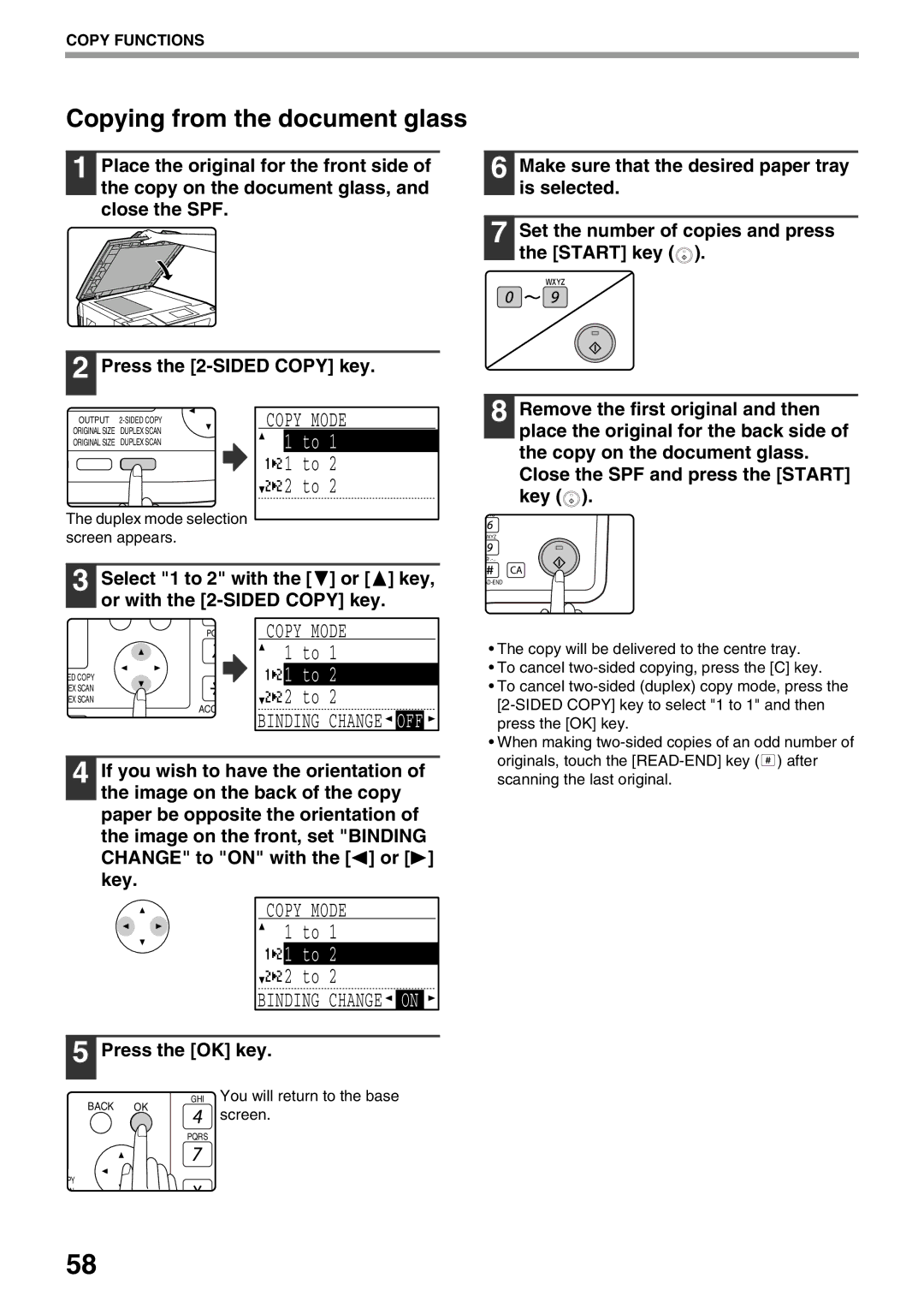 Sharp MX-M160D, MX-M200D operation manual Copying from the document glass, Copy Mode Binding Change on 