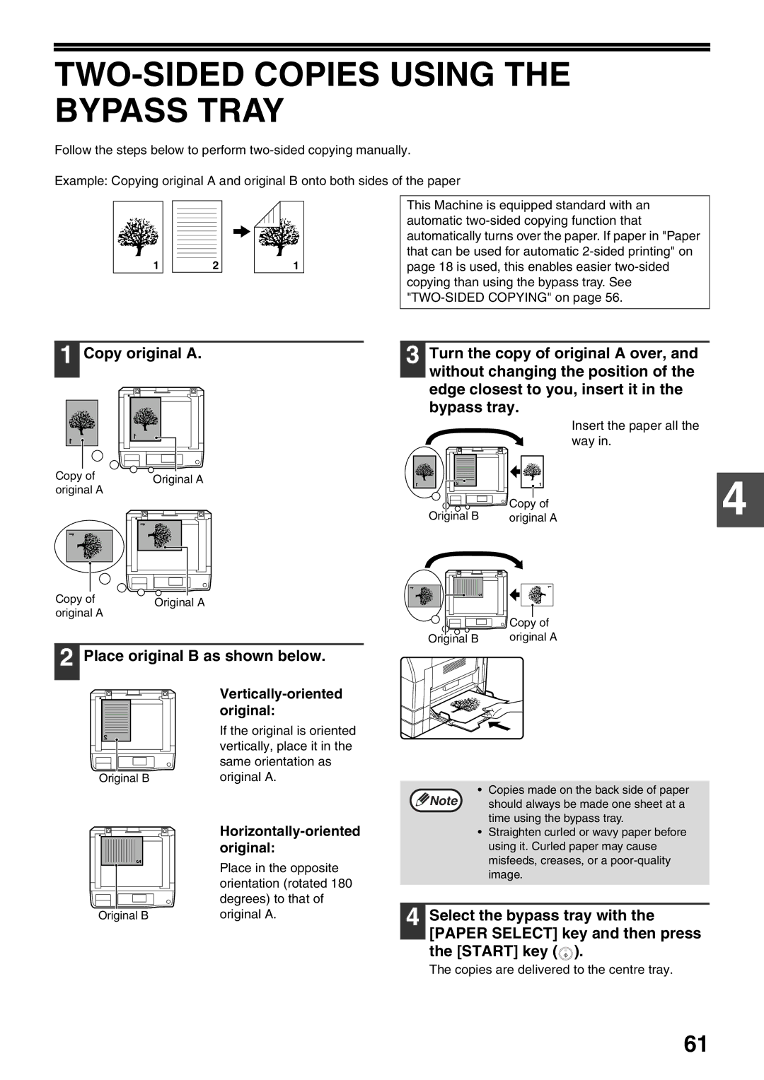 Sharp MX-M200D TWO-SIDED Copies Using the Bypass Tray, Place original B as shown below, Vertically-oriented, Original 